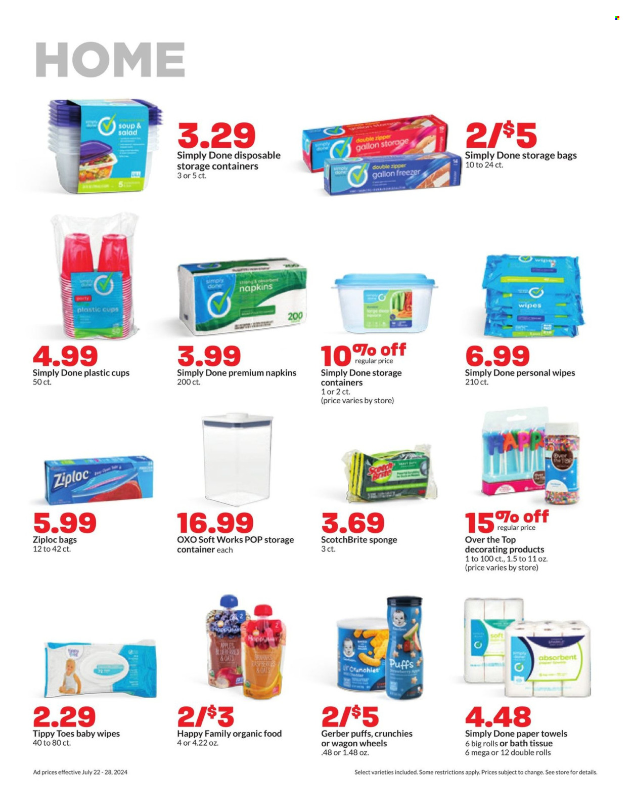 thumbnail - Hy-Vee Flyer - 07/22/2024 - 07/28/2024 - Sales products - puffs, salad, apples, soup, cookies, Gerber, baby snack, wipes, baby wipes, napkins, bath tissue, kitchen towels, paper towels, sponge, Ziploc, storage bag, gallon, cup, container, storage container, plastic cup. Page 21.