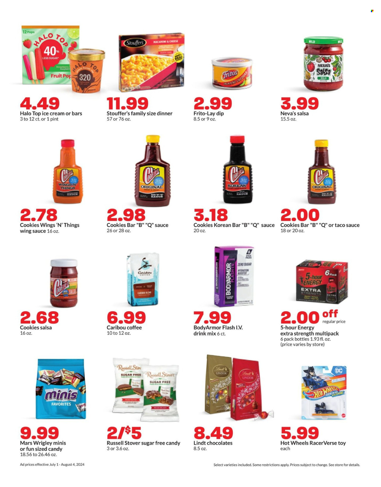 thumbnail - Hy-Vee Flyer - 07/22/2024 - 07/28/2024 - Sales products - macaroni, pasta, dip, ice cream, Stouffer's, Lindt, Lindor, Twix, Mars, Candy, Fritos, Frito-Lay, salty snack, taco sauce, salsa, wing sauce, electrolyte drink, Hot Wheels, toys. Page 36.