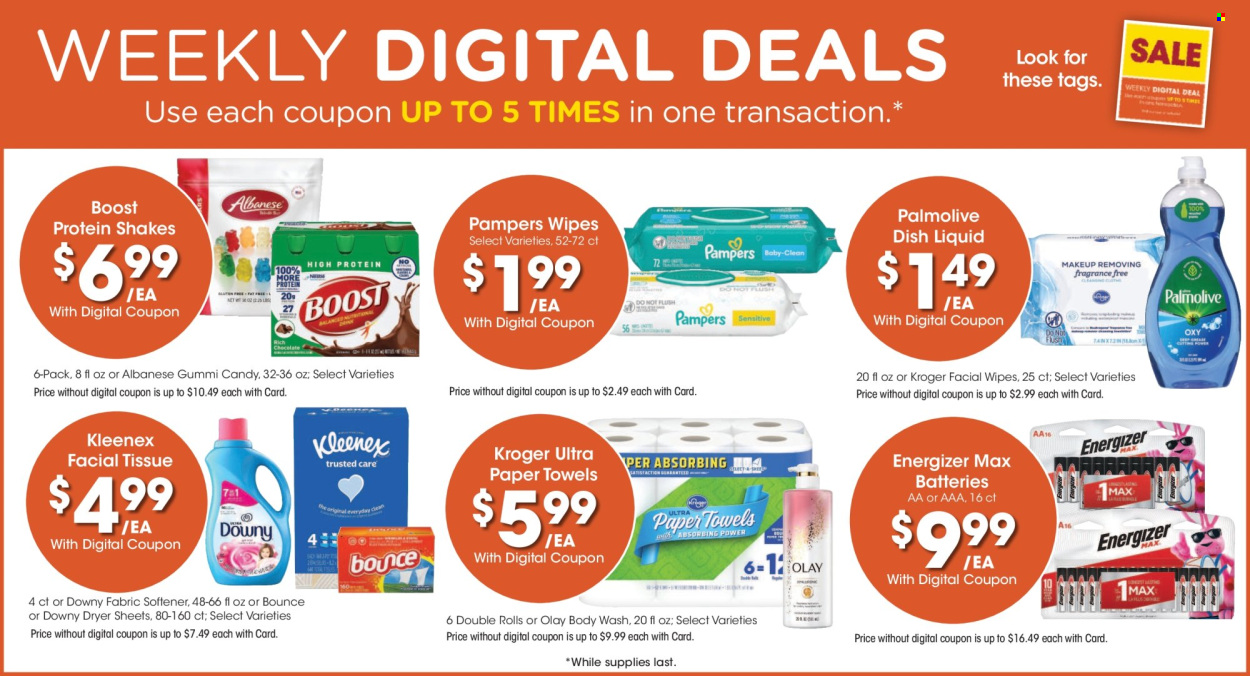 thumbnail - Fred Meyer Flyer - 07/24/2024 - 07/30/2024 - Sales products - protein drink, Candy, gummies, Boost, cleansing wipes, wipes, Pampers, baby wipes, Kleenex, tissues, kitchen towels, paper towels, fabric softener, dryer sheets, Downy Laundry, dishwashing liquid, body wash, Palmolive, facial tissues, Olay, skin care product, battery, Energizer. Page 4.