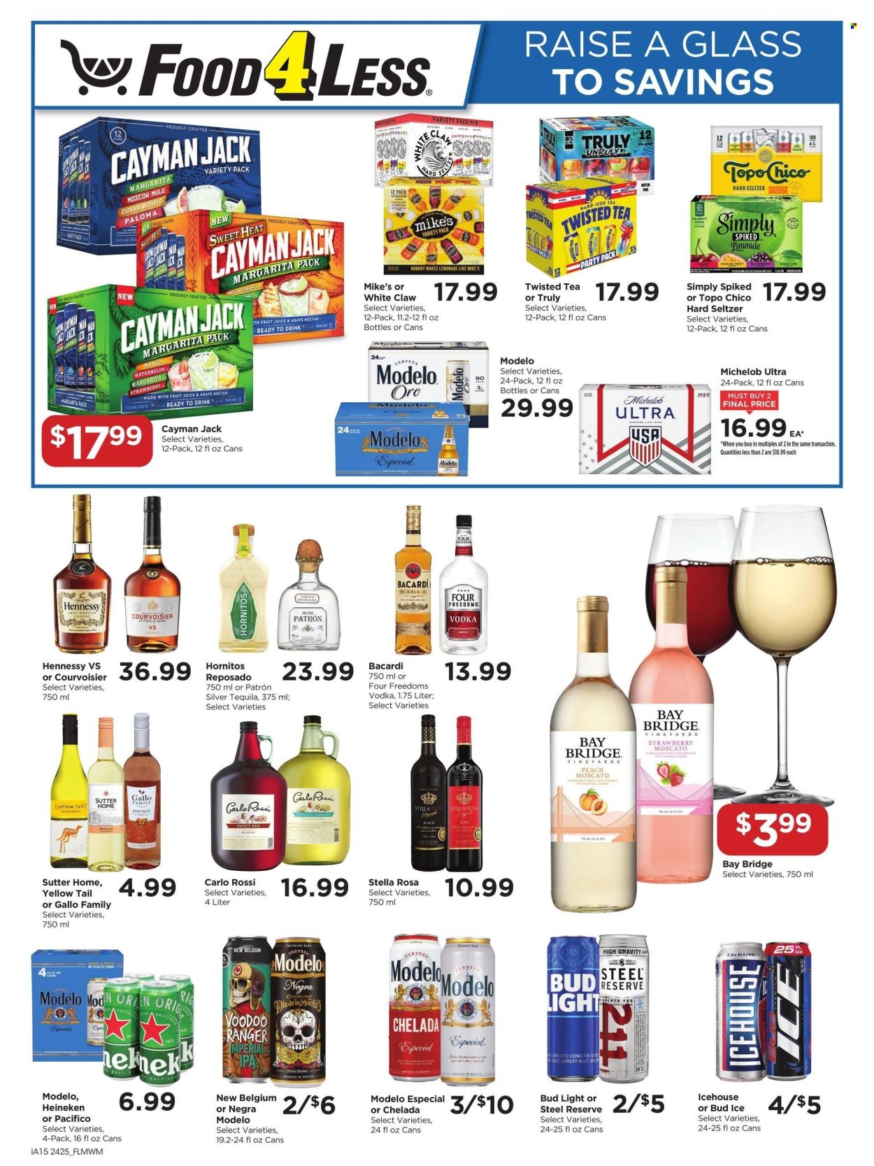 thumbnail - Food 4 Less Flyer - 07/24/2024 - 07/30/2024 - Sales products - agave nectar, lemonade, ice tea, cocktail, white wine, Chardonnay, wine, Gallo Family, alcohol, Moscato, fruit wine, Bacardi, brandy, cognac, tequila, vodka, Hennessy, White Claw, Hard Seltzer, TRULY, ready to drink spirits, mojito, beer, Bud Light, Heineken, Modelo, Topo Chico, Twisted Tea, Michelob. Page 7.