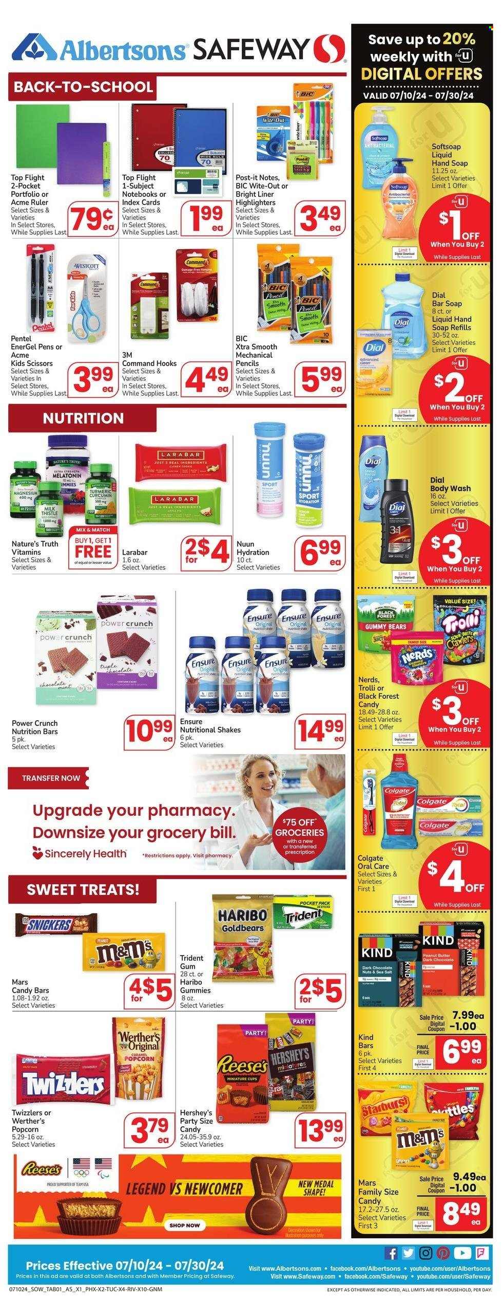 thumbnail - Safeway Flyer - 07/24/2024 - 07/30/2024 - Sales products - snack bar, shake, probiotic drink, Reese's, Hershey's, Trolli, Haribo, Snickers, Mars, M&M's, crackers, chewing gum, jelly candy, dark chocolate, Trident, Starburst, candy bar, Werther's Original, sweets, lollies, gummies, popcorn, Tuc, nutrition bar, nut bar, turmeric, caramel, peanut butter, XTRA, body wash, Softsoap, soap bar, Dial, hand wash refill, Colgate, hook, pen, scissors, pencil, ruler, sticky memos, Post-It, highlighters, spiral notebook, index cards, magnesium, Melatonin, Nature's Truth, nutritional supplement, dietary supplement, vitamins. Page 6.