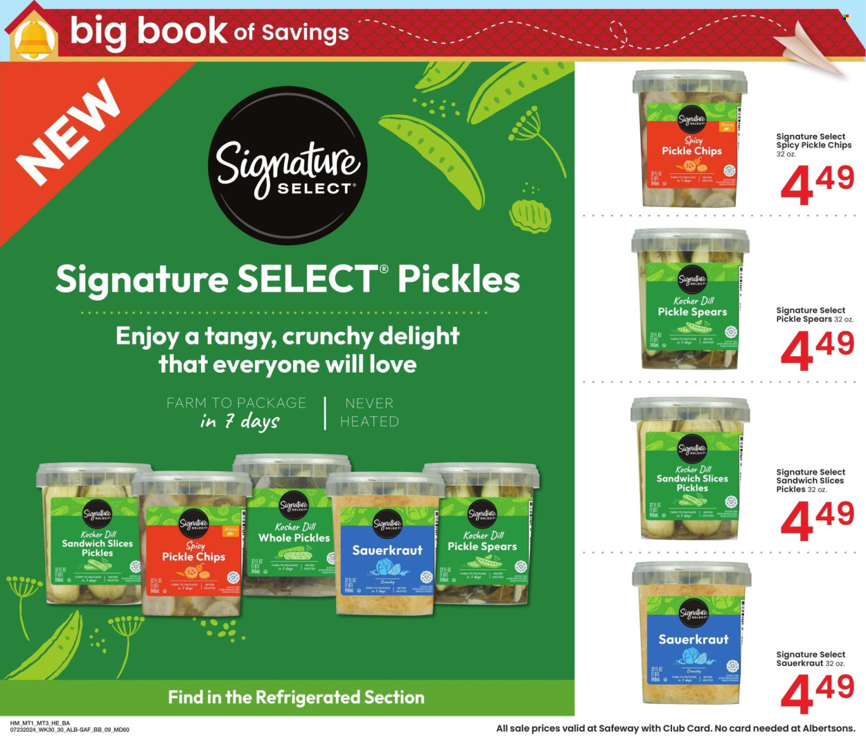 thumbnail - Safeway Flyer - 07/23/2024 - 08/19/2024 - Sales products - 7 Days, sandwich, sandwich slices, chips, dill pickle, sauerkraut, pickles, pickled cabbage, pickled vegetables. Page 9.