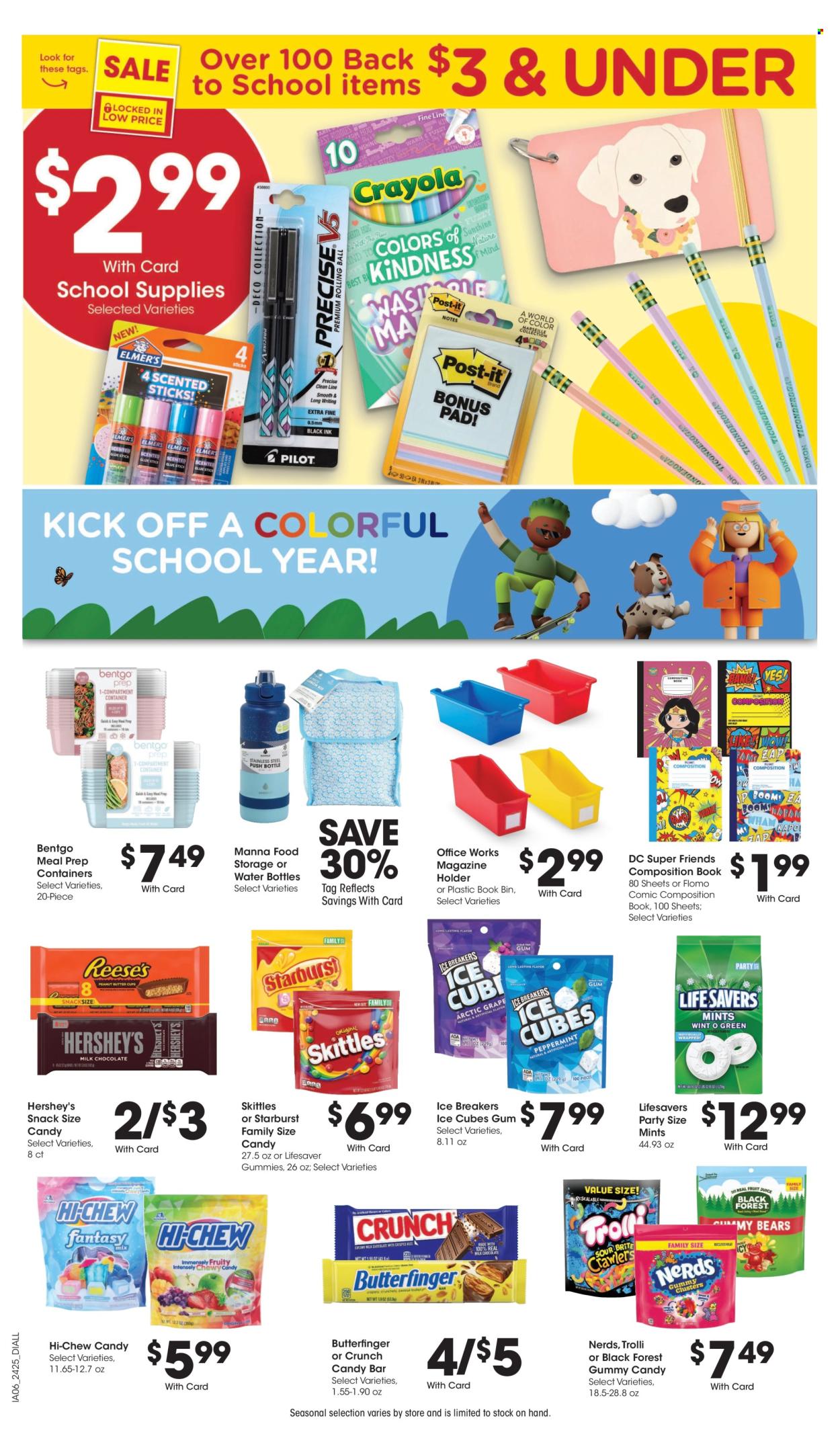 thumbnail - Dillons Flyer - 07/24/2024 - 07/30/2024 - Sales products - Hershey's, ice cubes gum, Trolli, jelly candy, ice cubes, Skittles, Starburst, candy bar, sweets, lollies, gummies, holder, bin, drink bottle, container, meal box, Manna, storage container, memo book. Page 14.