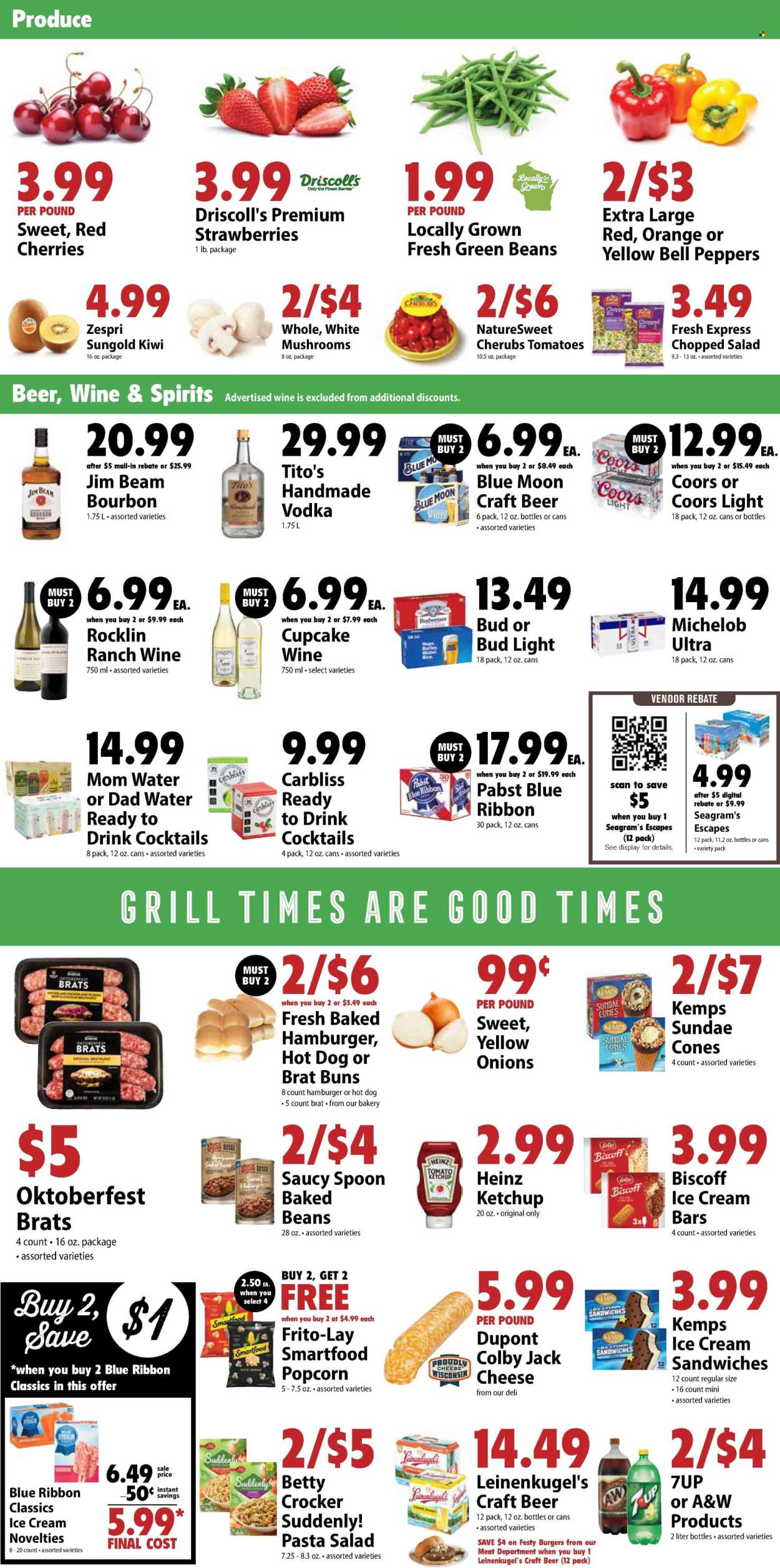 thumbnail - Festival Foods Flyer - 07/24/2024 - 07/30/2024 - Sales products - mushrooms, buns, bell peppers, green beans, onion, peppers, chopped salad, red peppers, kiwi, hamburger, pasta salad, ready meal, Colby cheese, Kemps, ice cream, ice cream bars, ice cream sandwich, ice cones, Smartfood, popcorn, Frito-Lay, salty snack, Heinz, baked beans, ketchup, soft drink, 7UP, A&W, carbonated soft drink, cocktail, wine, alcohol, Cupcake Vineyards, bourbon, vodka, Jim Beam, bourbon whiskey, ready to drink spirits, beer, Budweiser, Bud Light, Pabst Blue Ribbon, Pabst, Leinenkugel's, Coors, Blue Moon, Michelob. Page 4.
