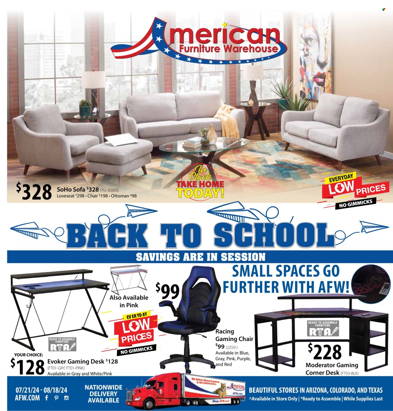 thumbnail - American Furniture Warehouse Flyer - 07/21/2024 - 08/18/2024 - Sales products - chair, loveseat, sofa, ottoman, desk, gaming desk, game chair. Page 1.
