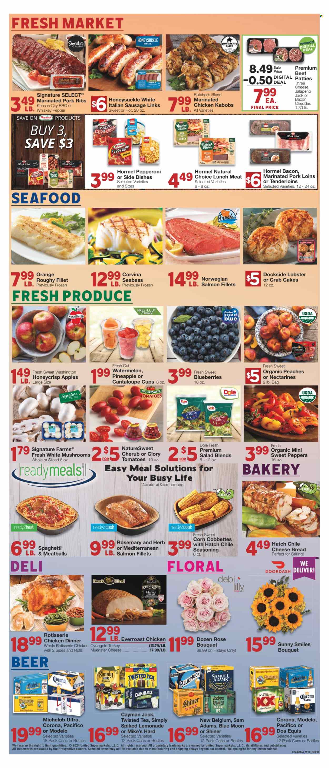 thumbnail - Market Street Flyer - 07/24/2024 - 07/30/2024 - Sales products - mushrooms, cantaloupe, corn, salad greens, sweet peppers, tomatoes, salad, Dole, peppers, jalapeño, sweet corn, blueberries, nectarines, melons, peaches, fish fillets, salmon, salmon fillet, sea bass, seafood, crab cake, lobster cakes, spaghetti, chicken roast, meatballs, pasta, chicken kabobs, Hormel, Boar's Head, ready meal, kabobs, ham, chicken breasts, smoked ham, turkey ham, pepperoni, italian sausage, lunch meat, cheddar, Münster cheese, spice, seasoning, lemonade, juice, ice tea, Boost, alcohol, ready to drink spirits, beer, Corona Extra, Lager, IPA, Modelo, Shiner Bock, whole chicken, marinated chicken, meat skewer, ribs, pork meat, pork ribs, marinated pork, bouquet, rose, Dos Equis, Blue Moon, Twisted Tea, Michelob. Page 5.