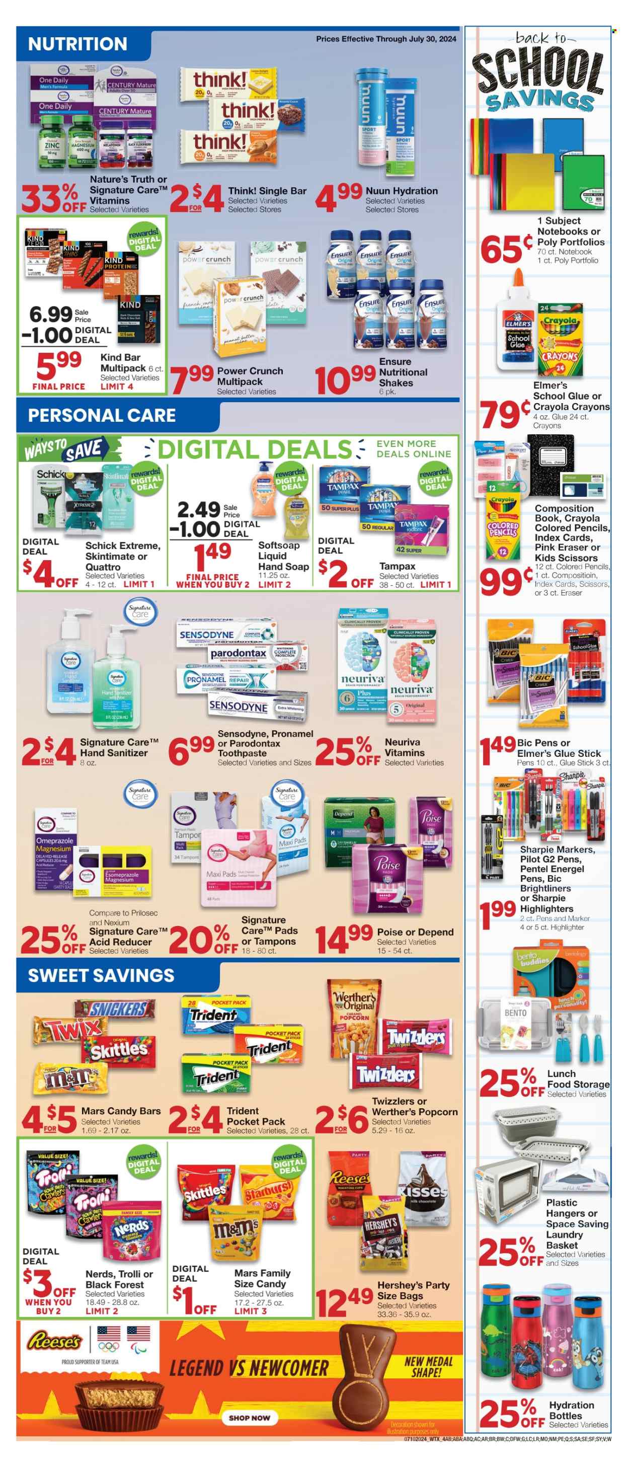 thumbnail - Market Street Flyer - 07/24/2024 - 07/30/2024 - Sales products - shake, probiotic drink, Reese's, Hershey's, milk chocolate, Trolli, Snickers, Twix, Mars, M&M's, Skittles, Trident, Starburst, candy bar, Werther's Original, sweets, bars, lollies, popcorn, protein bar, nut bar, pads, Softsoap, hand soap, toothpaste, Sensodyne, Parodontax, Tampax, sanitary pads, tampons, Poise, Schick, hand sanitizer, drink bottle, meal box, magnesium, Melatonin, Nature's Truth, Nexium, zinc, nutritional supplement, one daily, dietary supplement, acid blocker, vitamins, highlighters. Page 6.