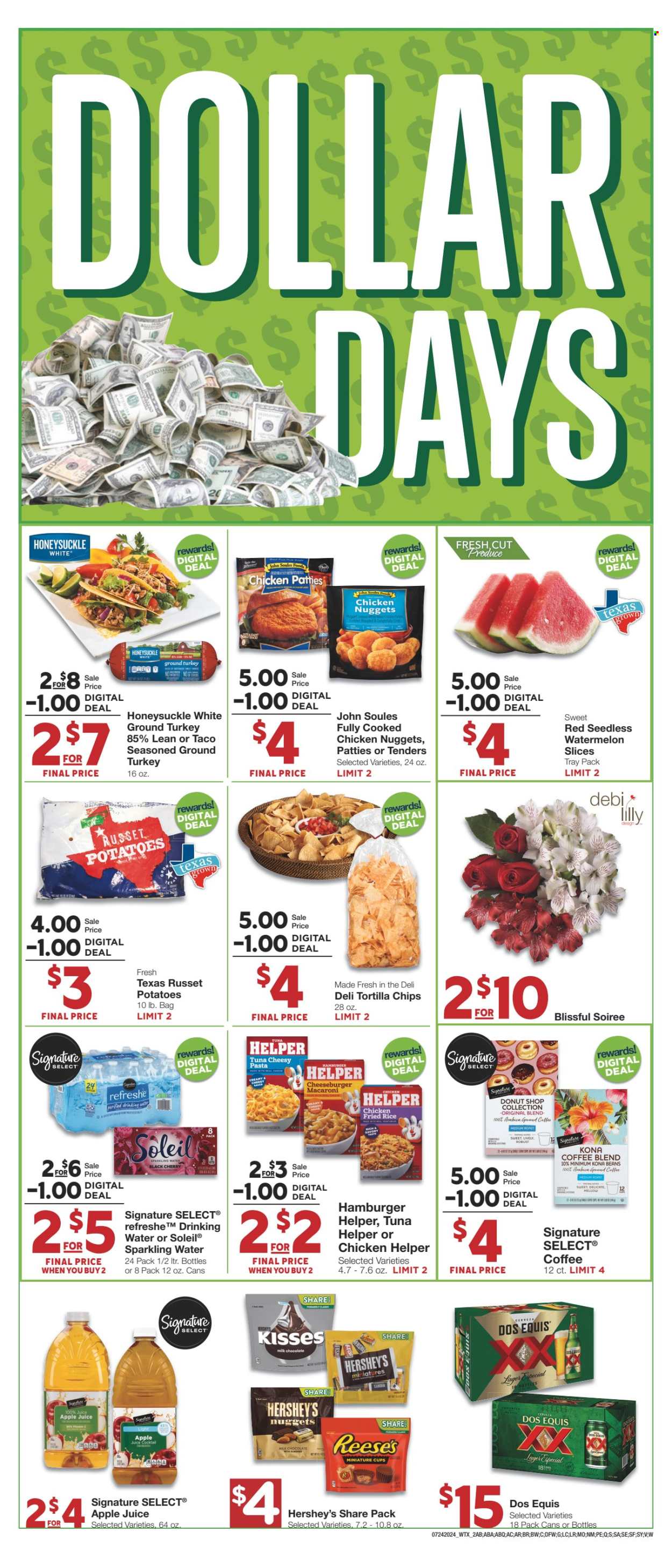 thumbnail - United Supermarkets Flyer - 07/24/2024 - 07/30/2024 - Sales products - russet potatoes, potatoes, ground turkey, chicken tenders, turkey, tuna, macaroni, nuggets, pasta, cheeseburger, chicken nuggets, ready meal, Reese's, Hershey's, chicken patties, milk chocolate, tortilla chips, apple juice, fruit drink, sparkling water, purified water, water, coffee, ground coffee, alcohol, beer, Lager, vitamin c, Dos Equis. Page 2.