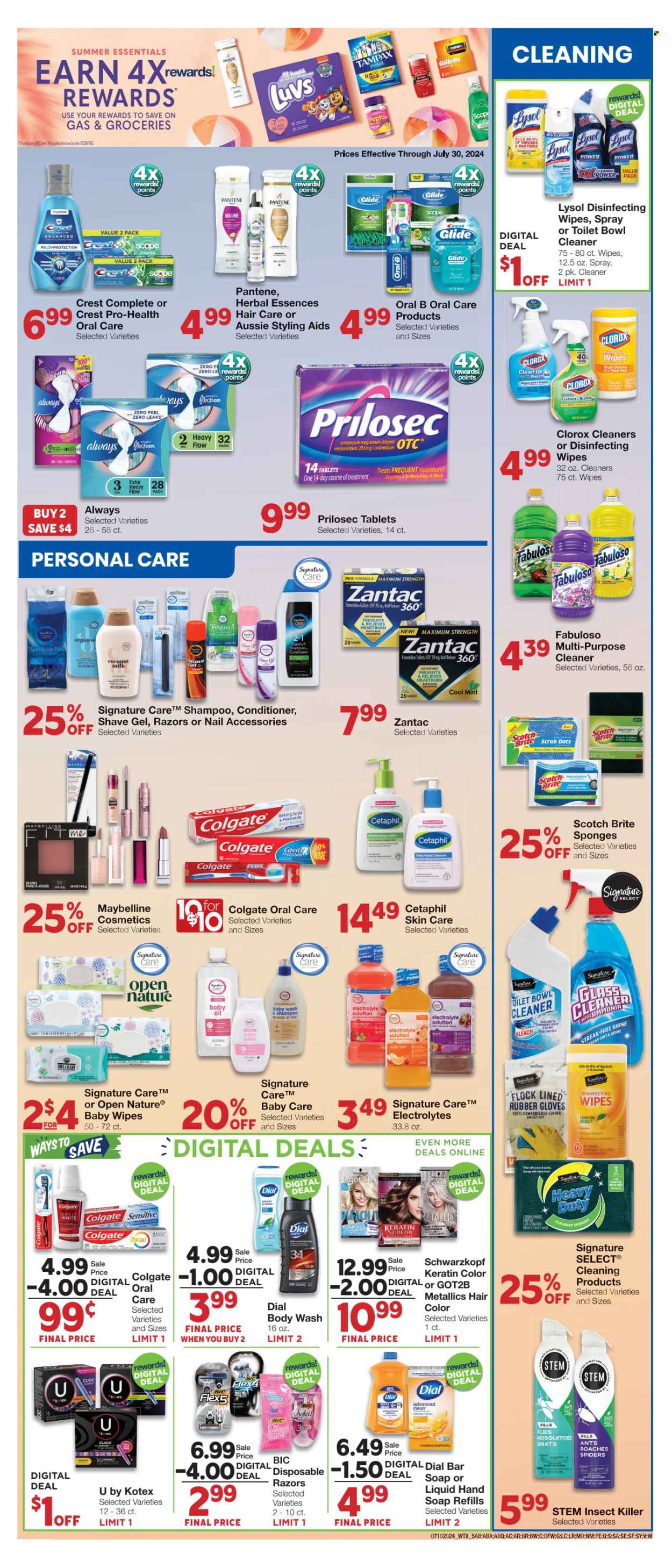 thumbnail - United Supermarkets Flyer - 07/24/2024 - 07/30/2024 - Sales products - lemons, plant-based milk, cleansing wipes, wipes, baby wipes, pads, cleaner, bleach, toilet cleaner, Lysol, glass cleaner, Clorox, Fabuloso, body wash, shampoo, Schwarzkopf, Dial, hair products, hand wash refill, Colgate, Oral-B, Crest, Tampax, Kotex, sponge, Cetaphil, skin care product, conditioner, Pantene, hair color, Herbal Essences, BIC, Gillette, razor, shave gel, gloves, magnesium, Zantac, Maybelline. Page 7.