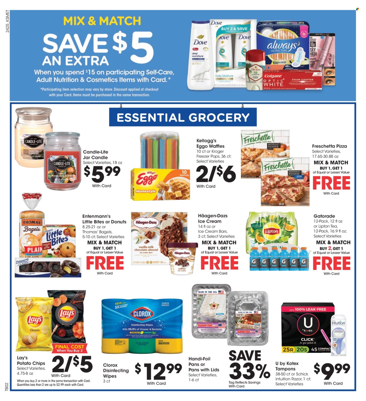 thumbnail - City Market Flyer - 07/24/2024 - 07/30/2024 - Sales products - bagels, muffin, donut, Entenmann's, pizza, ice cream bars, Häagen-Dazs, Kellogg's, Little Bites, potato chips, chips, Lay’s, Lipton, Gatorade, electrolyte drink, cleansing wipes, wipes, Clorox, Kotex, tampons, razor, Schick, pan, candle. Page 9.
