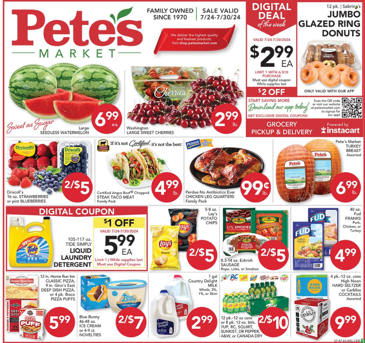 thumbnail - Pete's Fresh Market Flyer - 07/24/2024 - 07/30/2024 - Sales products - puffs, donut, pizza, Perdue®, ready meal, turkey ham, smoked sausage, frankfurters, milk, ice cream, Blue Bunny, potato chips, chips, Lay’s, sugar, Canada Dry, ginger ale, Dr. Pepper, soft drink, 7UP, A&W, carbonated soft drink, cocktail, Hard Seltzer, chicken legs, chicken, steak. Page 1.