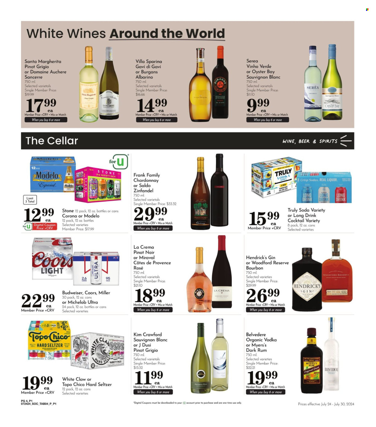 thumbnail - Pavilions Flyer - 07/24/2024 - 07/30/2024 - Sales products - cocktail, red wine, white wine, Chardonnay, wine, Pinot Noir, alcohol, Pinot Grigio, Sauvignon Blanc, rosé wine, Kim Crawford, bourbon, gin, liqueur, rum, liquor, White Claw, Hard Seltzer, TRULY, Hendrick's, ready to drink spirits, beer, Budweiser, Corona Extra, Miller, IPA, Modelo, Topo Chico, Coors, Michelob. Page 4.