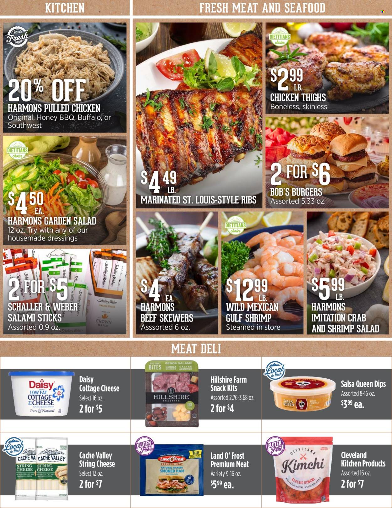 thumbnail - Harmons Flyer - 07/23/2024 - 07/29/2024 - Sales products - seafood, shrimps, crab sticks, snack, hamburger, pulled chicken, salami, Hillshire Farm, cottage cheese, string cheese, dip, dressing, salsa, honey, chicken thighs, ribs, Weber. Page 3.