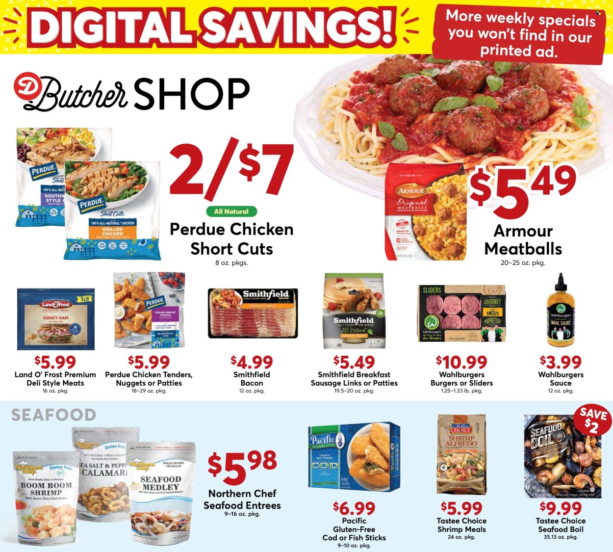 thumbnail - Dierbergs Flyer - 07/23/2024 - 07/29/2024 - Sales products - calamari, cod, seafood, shrimps, seafood boil, chicken tenders, meatballs, nuggets, hamburger, Perdue®, fish sticks, ready meal, bacon, ham, chicken breasts, sausage, strips, sea salt, chilli sauce, sauce, sausage patties. Page 12.