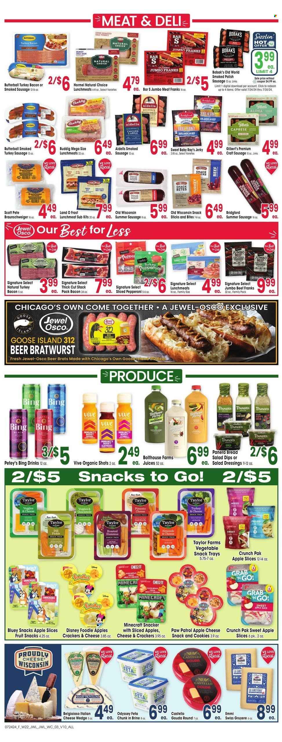 thumbnail - Jewel Osco Flyer - 07/24/2024 - 07/30/2024 - Sales products - apples, snack, Hormel, bacon, Butterball, turkey bacon, ham, jerky, bratwurst, sausage, smoked sausage, summer sausage, polish sausage, pepperoni, Gilbert’s, frankfurters, turkey sausage, hummus, guacamole, lunch meat, gouda, Gruyere, parmesan, cheese, Provolone, Disney, dip, cookies, Paw Patrol, crackers, fruit snack, fruit slices, salty snack, pepper, salad dressing, dressing, almonds, Boost, Sharp. Page 3.