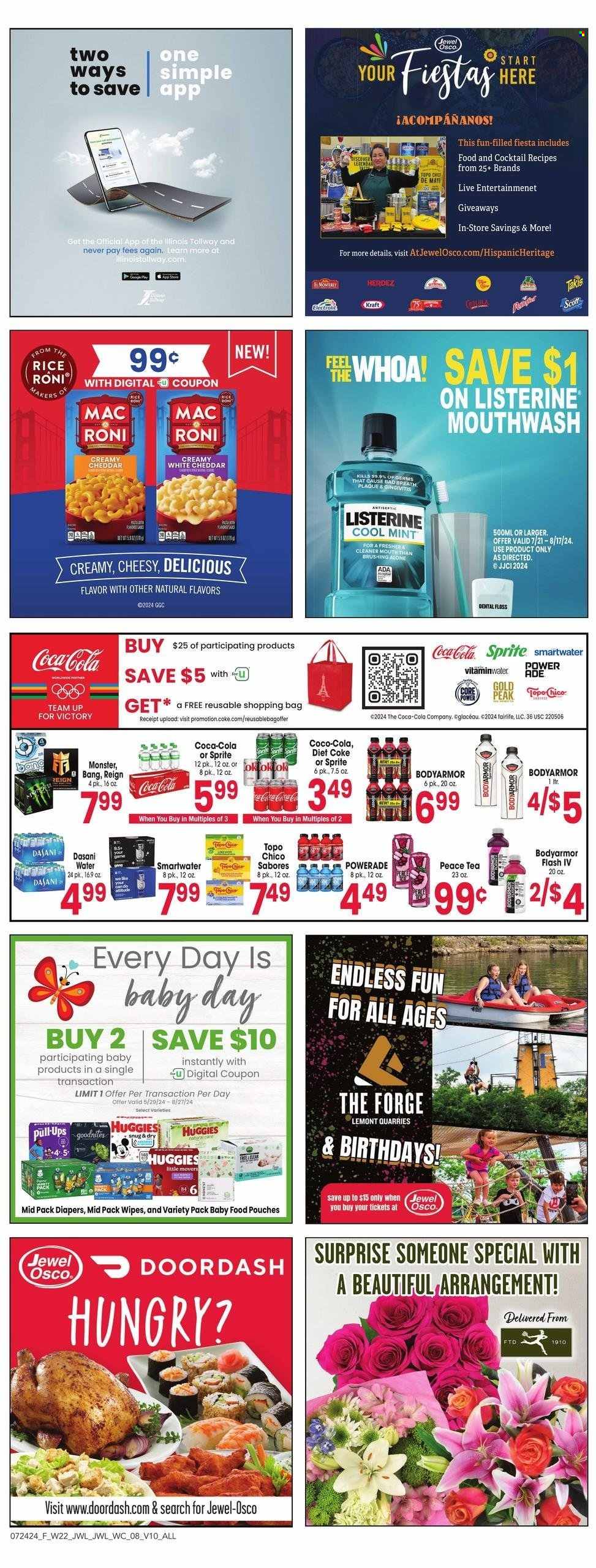 thumbnail - Jewel Osco Flyer - 07/24/2024 - 07/30/2024 - Sales products - Kraft®, cheddar, cheese, Core Power, salty snack, rice, Coca-Cola, Sprite, Powerade, energy drink, Monster, ice tea, Diet Coke, soft drink, Coke, electrolyte drink, bottled water, Smartwater, vitamin water, water, carbonated soft drink, Hard Seltzer, Topo Chico, baby food pouch, wipes, Huggies, nappies, Scott, cleaner, Listerine, mouthwash, dental floss, shopping bag. Page 8.