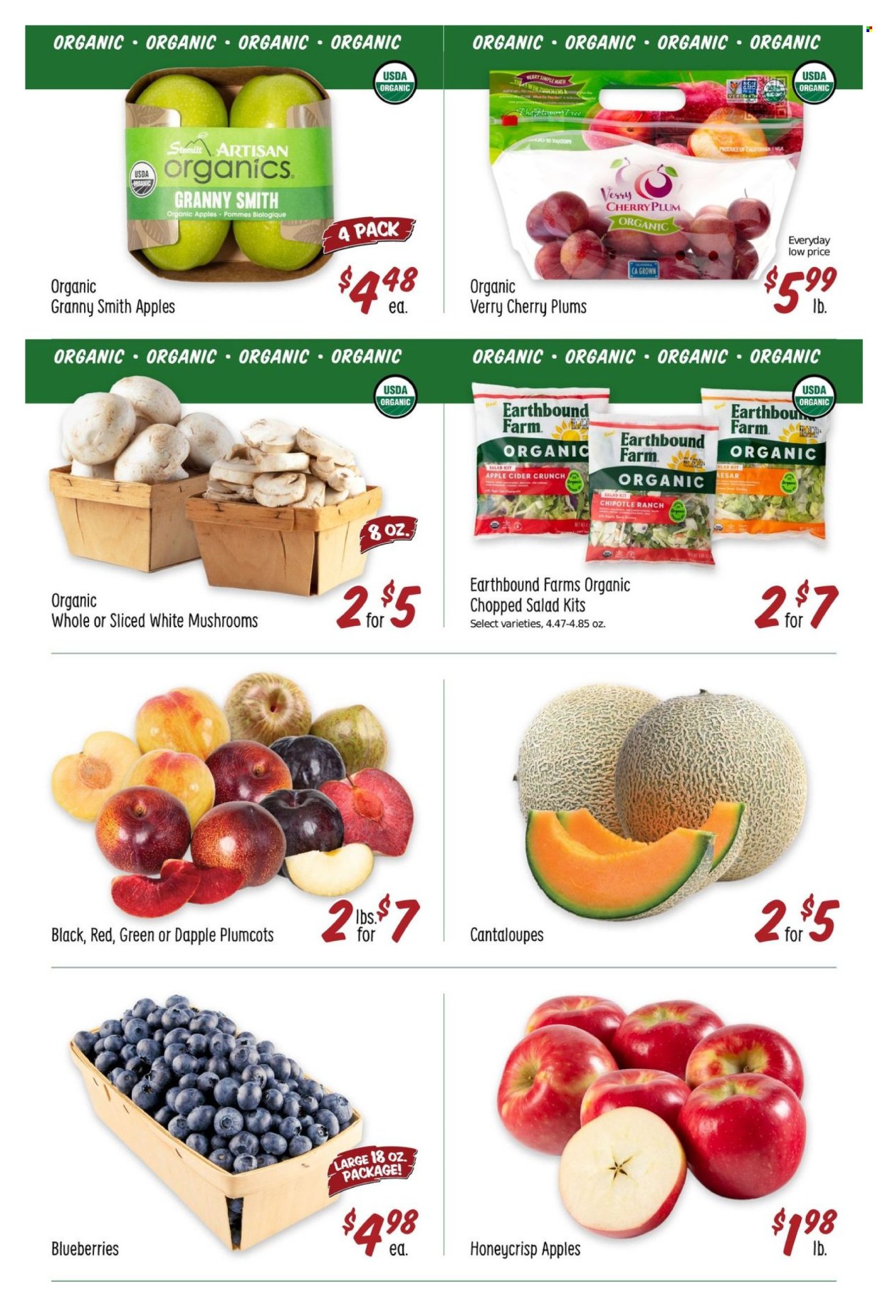 thumbnail - Sprouts Flyer - 07/24/2024 - 07/30/2024 - Sales products - mushrooms, cantaloupe, salad greens, salad, chopped salad, sliced vegetables, blueberries, plums, melons, Granny Smith, plumcots, alcohol, apple cider, cider. Page 7.