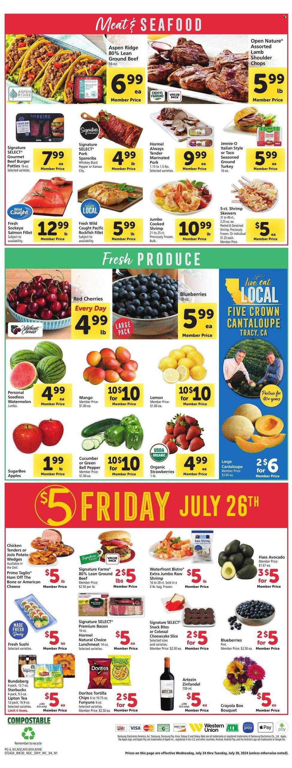 thumbnail - Vons Flyer - 07/24/2024 - 07/30/2024 - Sales products - cheesecake, bell peppers, cantaloupe, cucumber, avocado, blueberries, strawberries, watermelon, melons, lemons, chicken tenders, turkey, beef meat, ground beef, ribs, hamburger, burger patties, pork meat, pork ribs, pork spare ribs, marinated pork, lamb meat, lamb shoulder, fish fillets, rockfish, salmon fillet, shrimps, sushi, shrimp skewers, snack, beef burger, Hormel, bacon, ham, ham off the bone, lunch meat, american cheese, potato wedges, Doritos, tortilla chips, salty snack, Bundaberg, black pepper, Lipton, tea, Starbucks, red wine, wine, crayons, bouquet. Page 4.