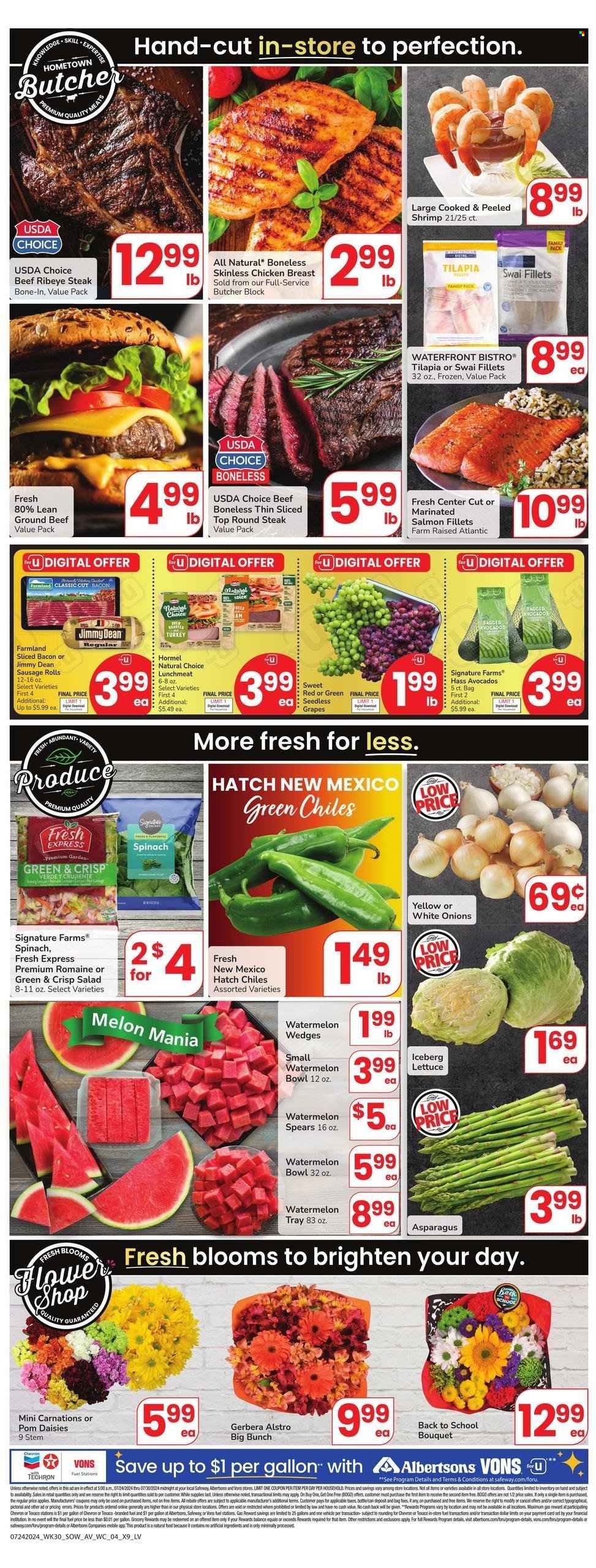 thumbnail - Vons Flyer - 07/24/2024 - 07/30/2024 - Sales products - sausage rolls, avocado, grapes, seedless grapes, watermelon, melons, chicken breasts, turkey, beef meat, beef steak, steak, round steak, ribeye steak, fish fillets, salmon, salmon fillet, tilapia, seafood, shrimps, swai fillet, Jimmy Dean, Hormel, bacon, lunch meat, marinated salmon, vehicle, bouquet, gerbera, carnation. Page 3.