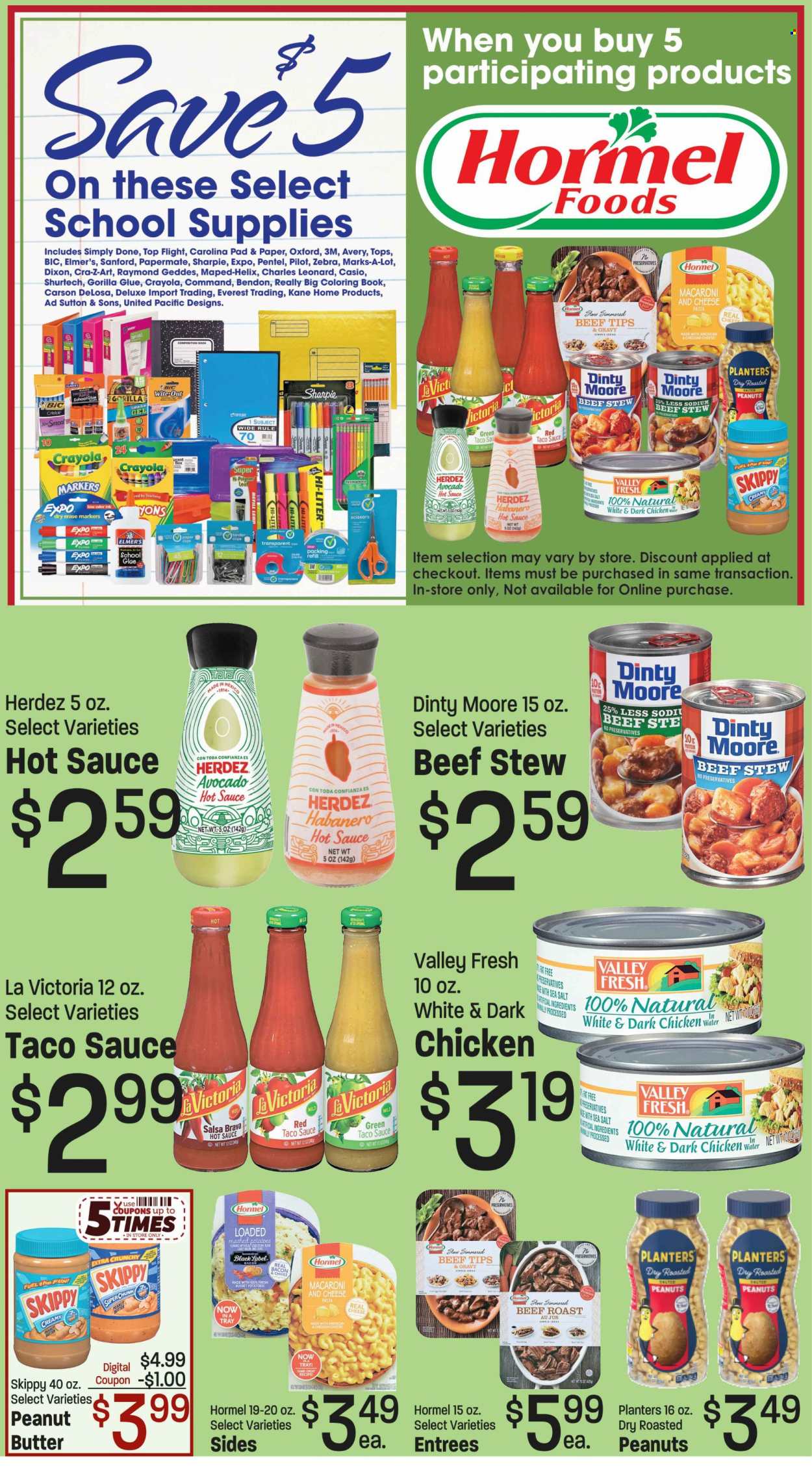 thumbnail - Red Apple Marketplace Flyer - 07/24/2024 - 07/30/2024 - Sales products - russet potatoes, avocado, mac and cheese, mashed potatoes, pasta, Hormel, roast, ready meal, bacon, roast beef, cheddar, sour cream, taco sauce, hot sauce, salsa, peanut butter, roasted peanuts, peanuts, Planters, water, chicken, beef meat, BIC. Page 11.