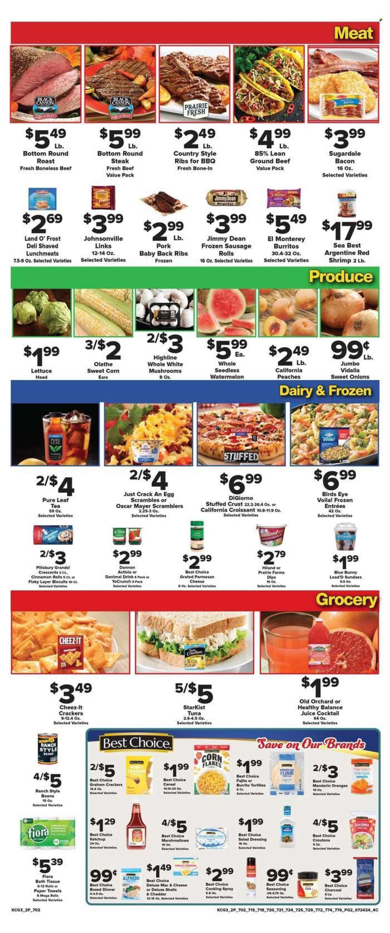 thumbnail - Brothers Market Flyer - 07/24/2024 - 07/30/2024 - Sales products - mushrooms, sausage rolls, tortillas, croissant, cinnamon roll, beans, onion, lettuce, sweet corn, mandarines, watermelon, peaches, tuna, seafood, shrimps, StarKist, macaroni & cheese, Pillsbury, Bird's Eye, burrito, Jimmy Dean, Sugardale, ready meal, ham, Johnsonville, Oscar Mayer, sliced meat, lunch meat, parmesan, cheese, grated cheese, Activia, Dannon, dip, Blue Bunny, graham crackers, marshmallows, crackers, biscuit, Cheez-It, salty snack, croutons, canned tuna, canned fish, cereals, corn flakes, spice, seasoning, salad dressing, ketchup, dressing, cooking spray, fruit drink, ice tea, Pure Leaf, beef meat, steak, round roast, round steak, ribs, pork meat, pork ribs, pork back ribs, country style ribs. Page 2.