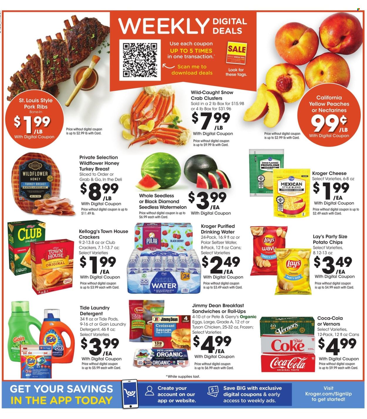 thumbnail - Kroger Flyer - 07/24/2024 - 07/30/2024 - Sales products - Coca-Cola, soft drink, carbonated soft drink, watermelon, detergent, Tide, laundry detergent, sandwich, Jimmy Dean, ready meal, ribs, pork meat, pork ribs, cheese, seafood, crab, crab clusters, crackers, Kellogg's, nectarines, peaches, turkey breast, purified water, water, potato chips, chips, Lay’s. Page 2.