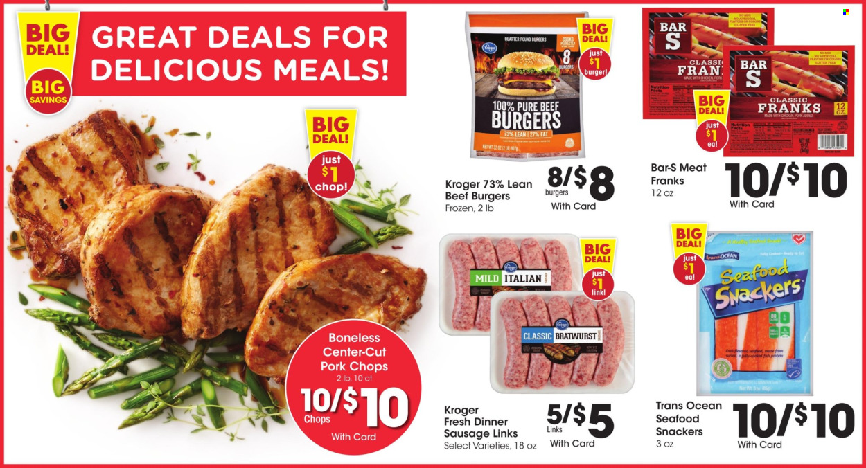 thumbnail - Kroger Flyer - 07/24/2024 - 07/30/2024 - Sales products - sausage, pork chops, pork meat, seafood, frankfurters, hamburger, beef burger, beef meat. Page 4.