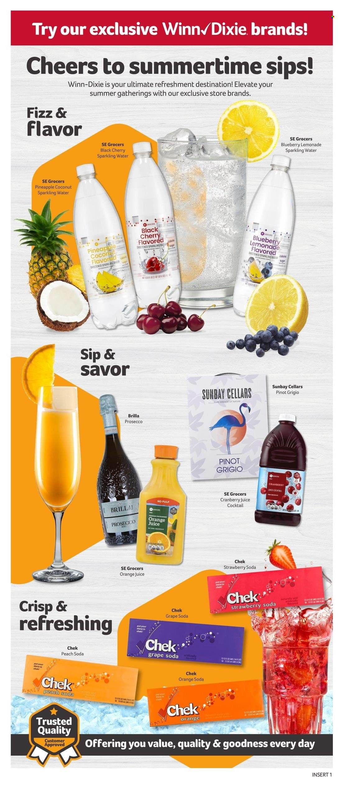 thumbnail - Winn Dixie Flyer - 07/31/2024 - 08/06/2024 - Sales products - soda, sparkling water, water, lemonade, white wine, wine, alcohol, Pinot Grigio, sparkling wine, prosecco, Brilla, orange juice, juice, cranberry juice, fruit drink, pineapple, coconut. Page 6.