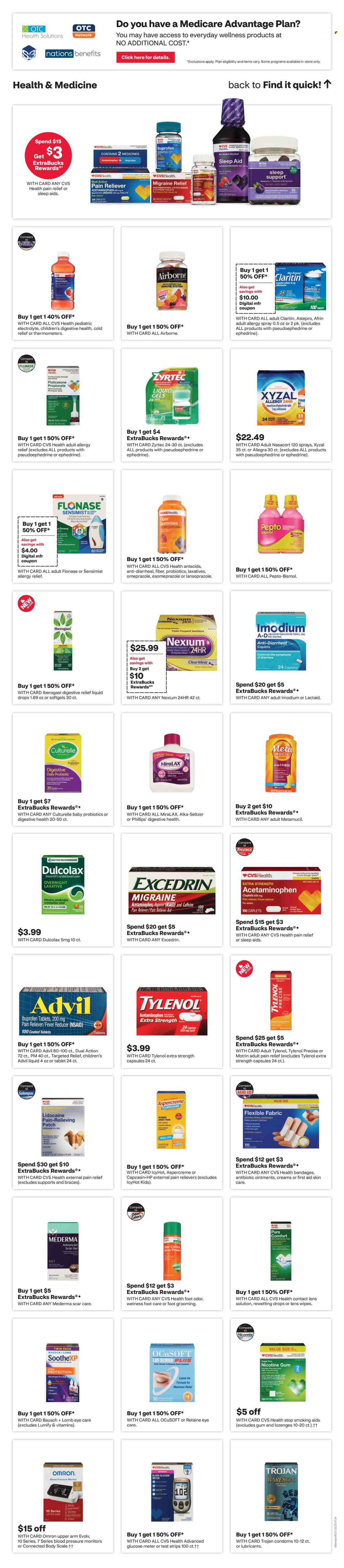 thumbnail - CVS Pharmacy Flyer - 07/28/2024 - 08/03/2024 - Sales products - Omron, scale, wipes, lens wipes, skin care product, lubricant, condom, pressure monitor, thermometer, pain relief, Afrin, Culturelle, Dulcolax, Excedrin, MiraLAX, Tylenol, Zyrtec, Imodium, probiotics, Pepto-bismol, Aspercreme, Lumify, Nexium, Advil Rapid, Alka-seltzer, Antacid, Metamucil, nasal spray, allergy relief, dietary supplement, Motrin, Claritin, medicine, acid blocker, allergy control, sleep aid product, pain therapy, vitamins, foot care, contact lens solution. Page 8.
