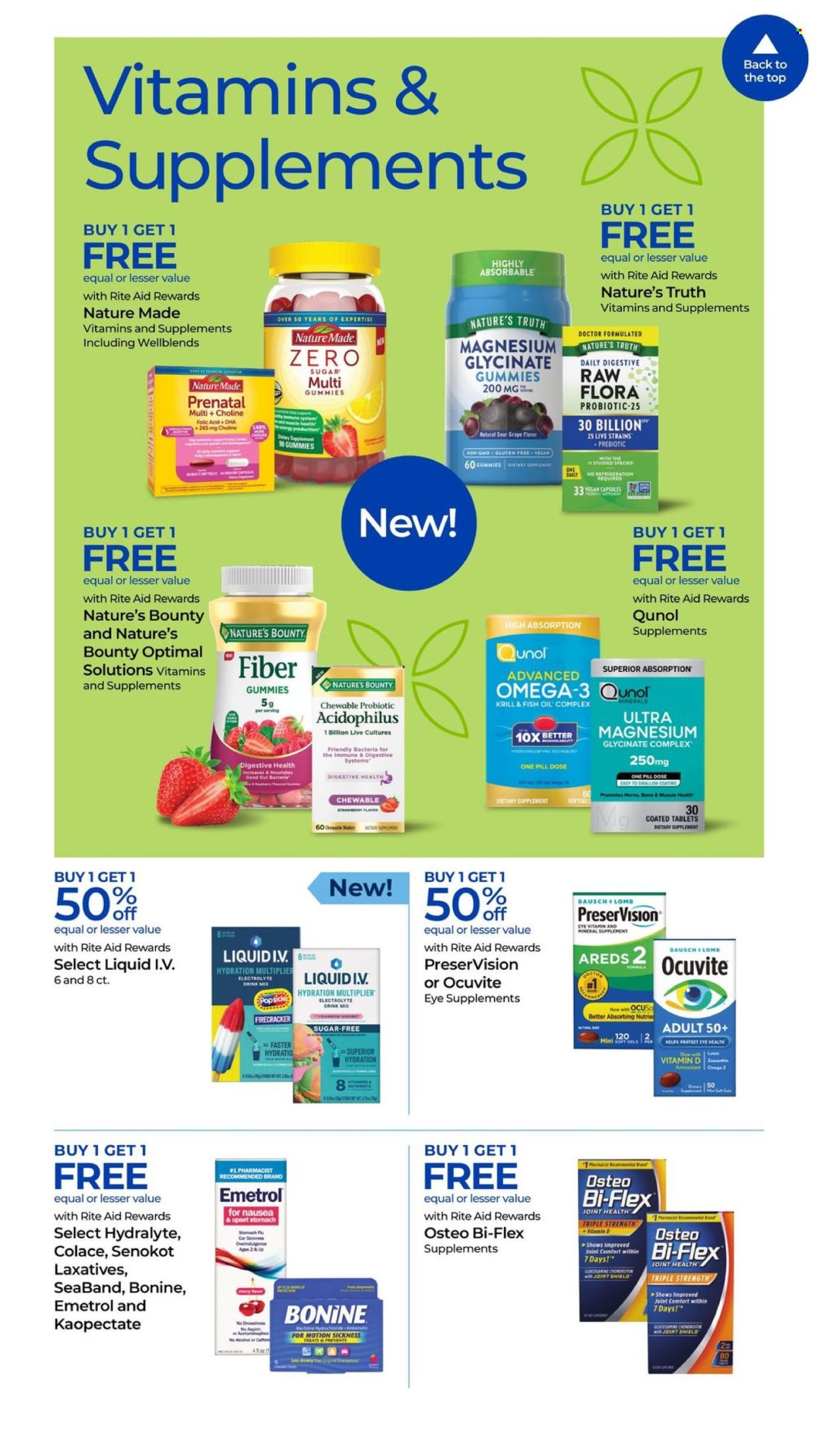 thumbnail - RITE AID Flyer - 07/28/2024 - 08/03/2024 - Sales products - popsicle, electrolyte drink, alcohol, cap, pain relief, fish oil, glucosamine, magnesium, Nature Made, Nature's Bounty, Nature's Truth, Qunol, Prenatal, Omega-3, Osteo bi-flex, Ocuvite, Bi-Flex, aspirin, dietary supplement, vitamins. Page 4.