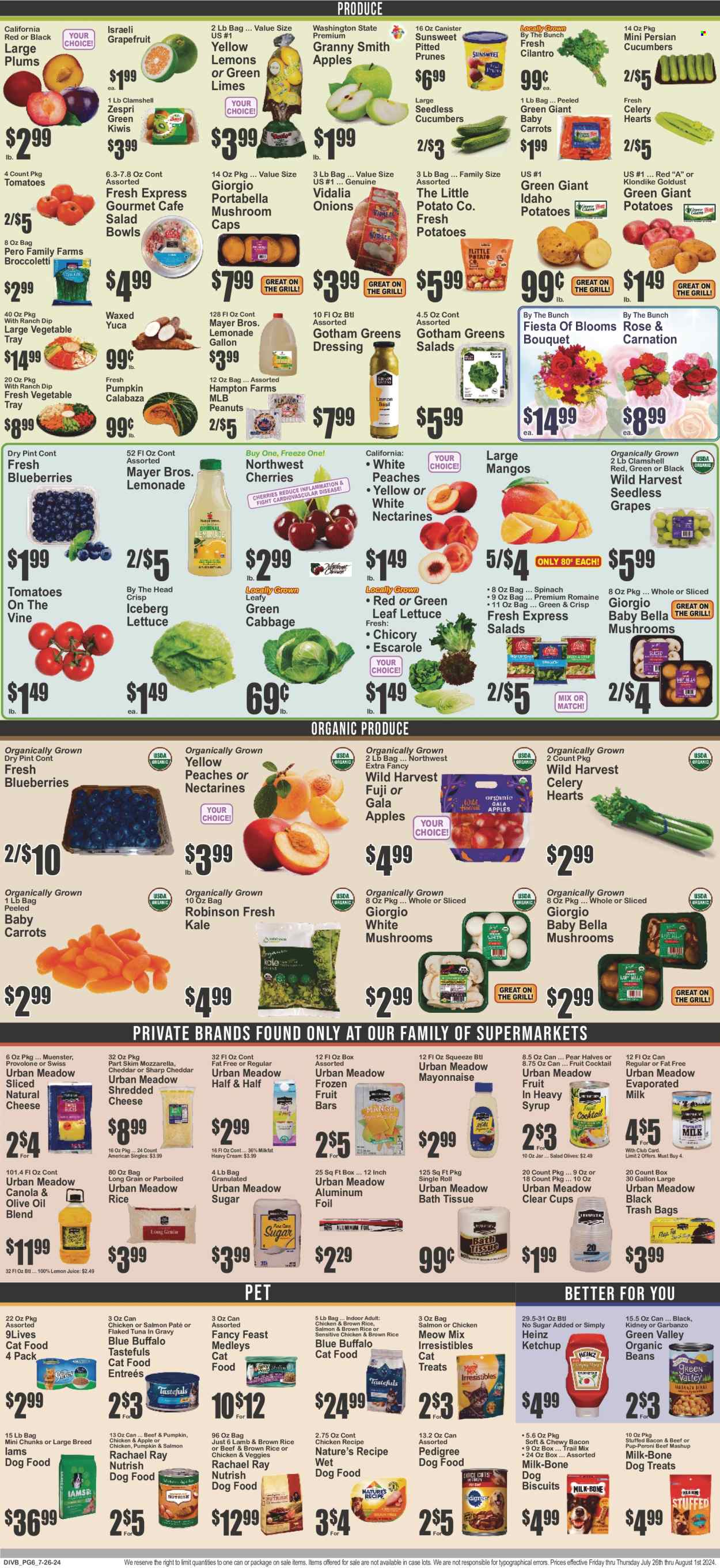 thumbnail - Food Universe Flyer - 07/26/2024 - 08/01/2024 - Sales products - portobello mushrooms, baby bella mushrooms, cabbage, carrots, cucumber, salad greens, tomatoes, kale, potatoes, onion, mixed vegetables, Wild Harvest, sleeved celery, sliced vegetables, diced vegetables, Gala, grapefruits, grapes, kiwi, limes, nectarines, seedless grapes, plums, pears, Granny Smith, mozzarella, shredded cheese, sliced cheese, cheddar, cheese, Münster cheese, Provolone, snack bar, evaporated milk, heavy cream, mayonnaise, ice cream bars, fruit bar, frozen fruit, bars, Heinz, garbanzo beans, cilantro, ketchup, syrup, prunes, peanuts, dried fruit, trail mix, lemonade, lemon juice, Half and half, bath tissue, trash bags, canister, salad bowl, aluminium foil, animal food, animal treats, Blue Buffalo, cat food, dog food, wet dog food, dog biscuits, Pedigree, 9lives, Pup-Peroni, Meow Mix, Fancy Feast, Iams, Nutrish, dog treat, bouquet, carnation. Page 7.