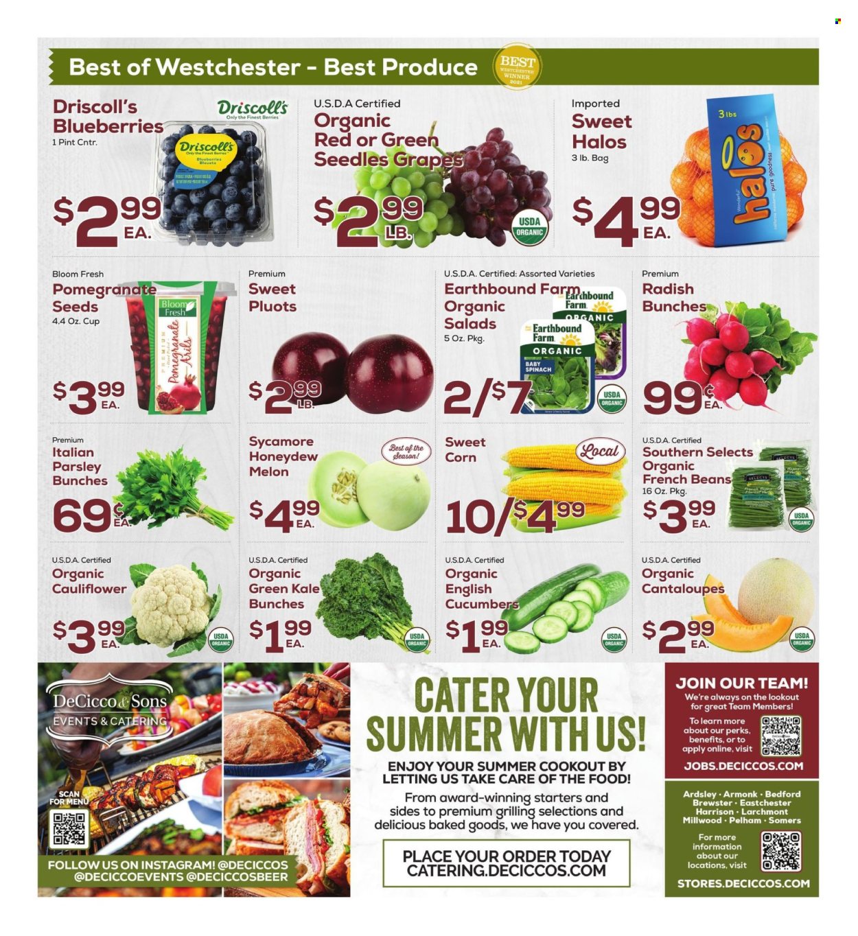 thumbnail - DeCicco & Sons Flyer - 07/26/2024 - 08/01/2024 - Sales products - beans, cantaloupe, cauliflower, corn, cucumber, french beans, radishes, spinach, kale, parsley, salad, sweet corn, baby spinach, grapes, melons, pomegranate, pluots. Page 8.