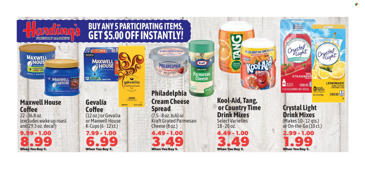 thumbnail - Harding's Markets Flyer - 07/26/2024 - 08/01/2024 - Sales products - Kraft®, cheese spread, Philadelphia, parmesan, cheese, grated cheese, lemonade, Country Time, powder drink, Maxwell House, coffee, ground coffee, coffee capsules, K-Cups, Gevalia, Keurig. Page 11.