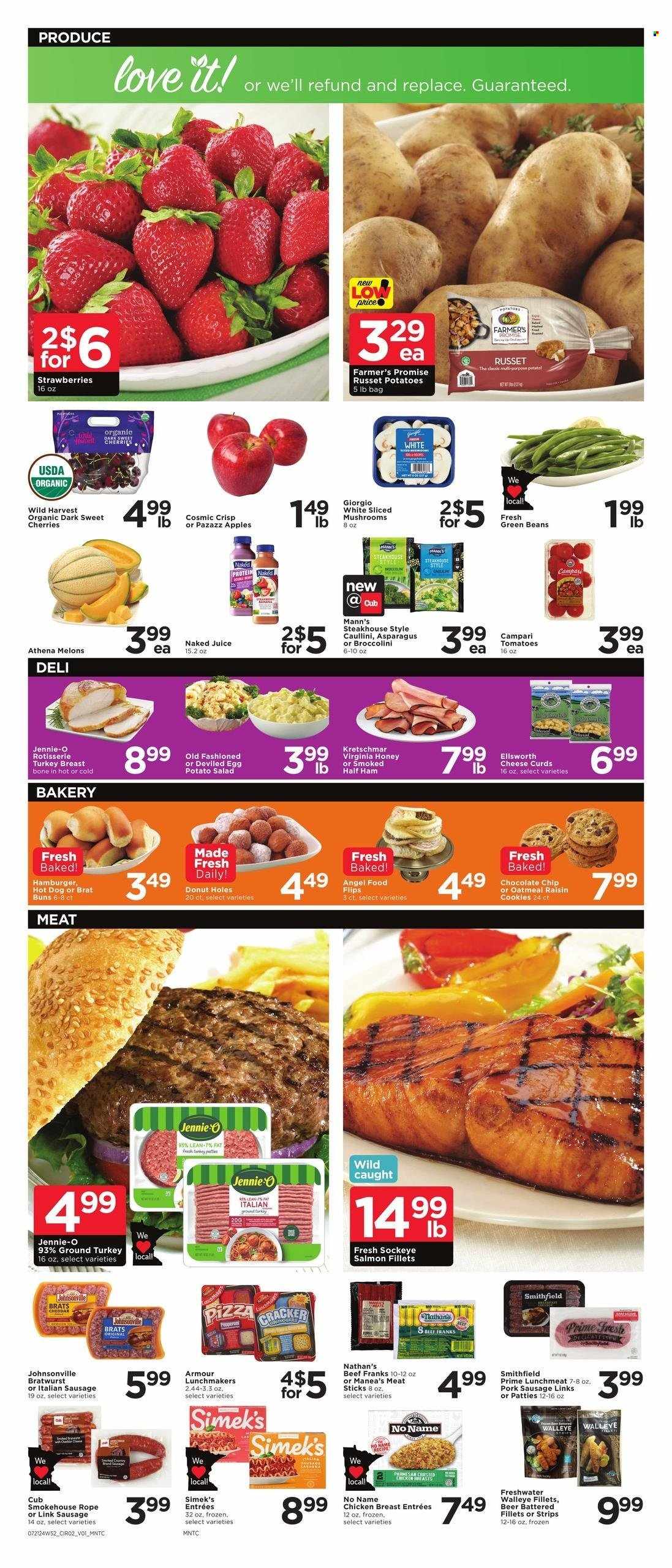 thumbnail - Cub Foods Flyer - 07/24/2024 - 07/30/2024 - Sales products - buns, No Name, donut holes, Angel Food, beans, green beans, russet potatoes, potatoes, Wild Harvest, broccolini, strawberries, melons, fish fillets, salmon, salmon fillet, walleye, pizza, snack, hamburger, burger patties, half ham, chicken breasts, Johnsonville, bratwurst, pork sausage, italian sausage, frankfurters, potato salad, lunch meat, cheddar, parmesan, cheese, cheese curd, strips, cookies, crackers, turkey, turkey burger, sausage patties. Page 2.