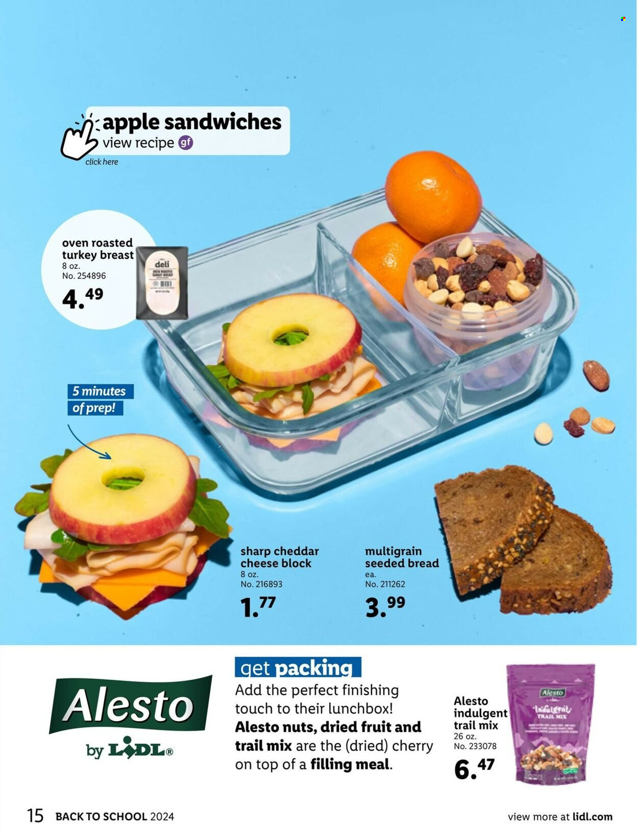 thumbnail - Lidl Flyer - 07/24/2024 - 09/03/2024 - Sales products - bread, sandwich, ready meal, turkey ham, cheddar, cheese, dried fruit, trail mix, meal box. Page 15.