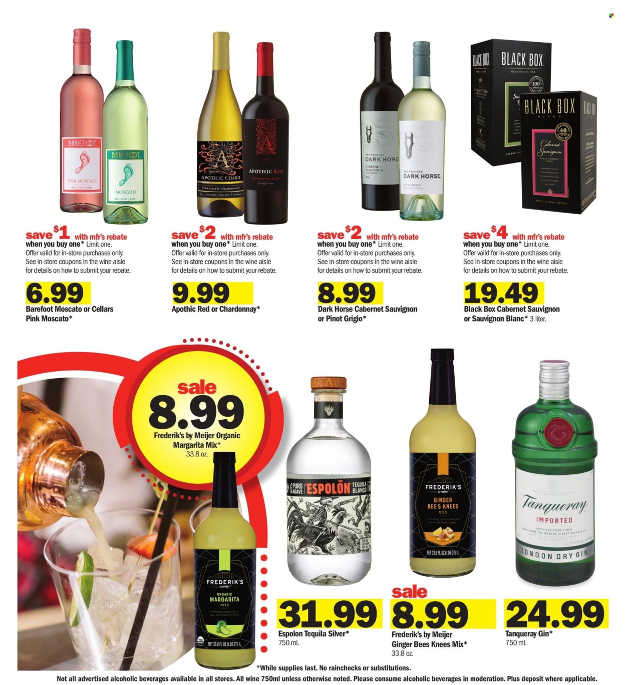 thumbnail - Meijer Flyer - 07/28/2024 - 08/03/2024 - Sales products - Cabernet Sauvignon, red wine, white wine, wine, alcohol, Pinot Grigio, Moscato, rosé wine, gin, tequila, Margarita Mix, Sauvignon Blanc, Chardonnay, ginger. Page 22.