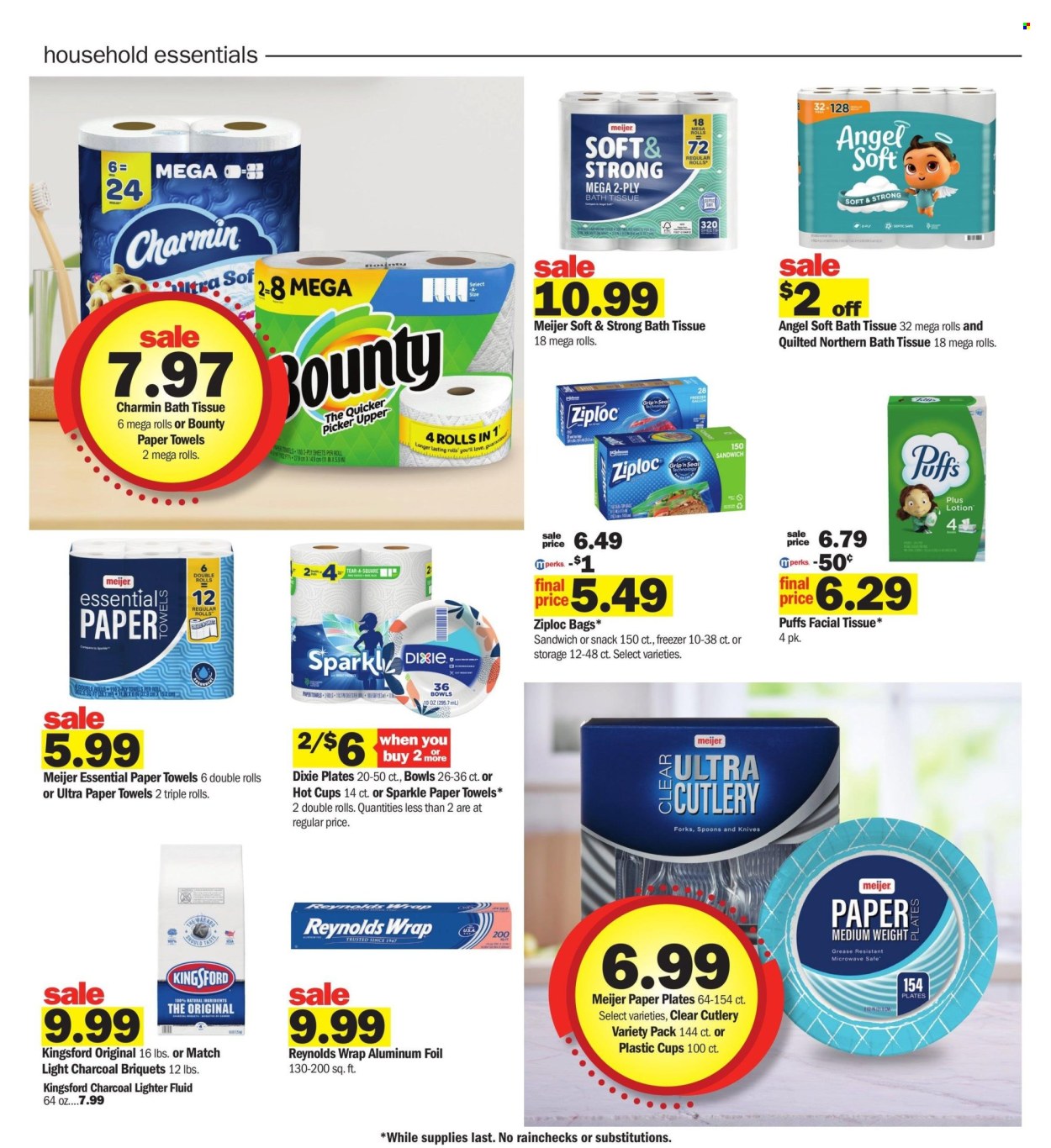 thumbnail - Meijer Flyer - 07/28/2024 - 08/03/2024 - Sales products - Bounty, bath tissue, kitchen towels, paper towels, Charmin, Quilted Northern, puffs, tissues, facial tissues, bag, Ziploc, storage bag, Kingsford, briquettes, charcoal, plate, cup, paper plate, plastic cup, bowl, Dixie, aluminium foil. Page 24.