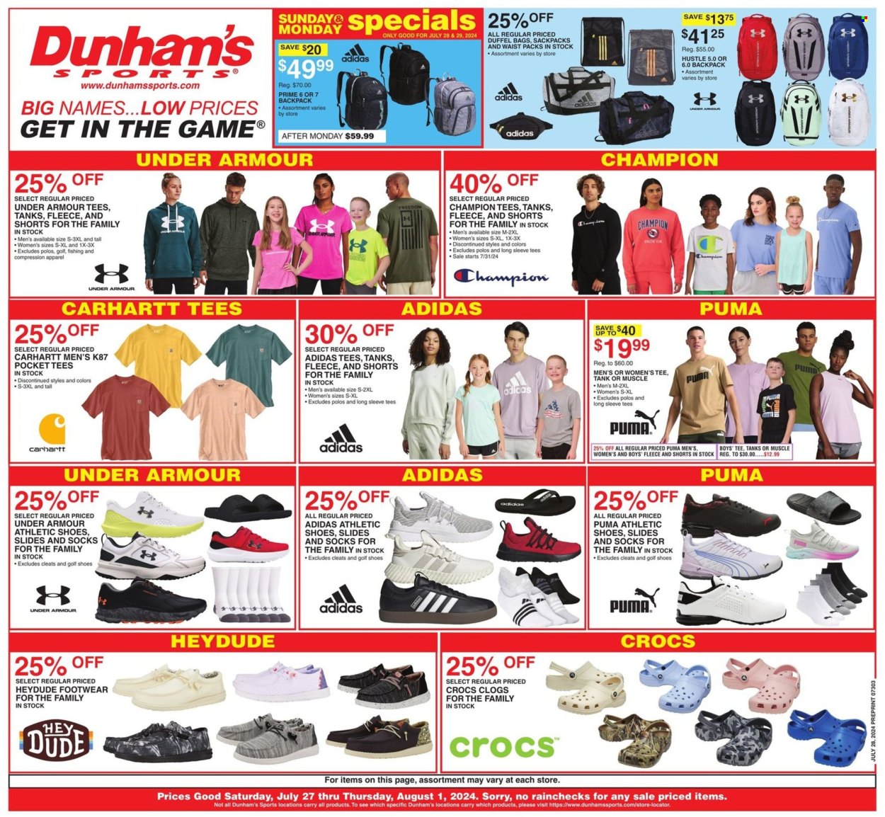 thumbnail - Dunham's Sports Flyer - 07/27/2024 - 08/01/2024 - Sales products - shorts, tank top, t-shirt, Adidas, Puma, backpack, bag, Under Armour, shoes, slides, athletic shoes, socks, clogs. Page 1.