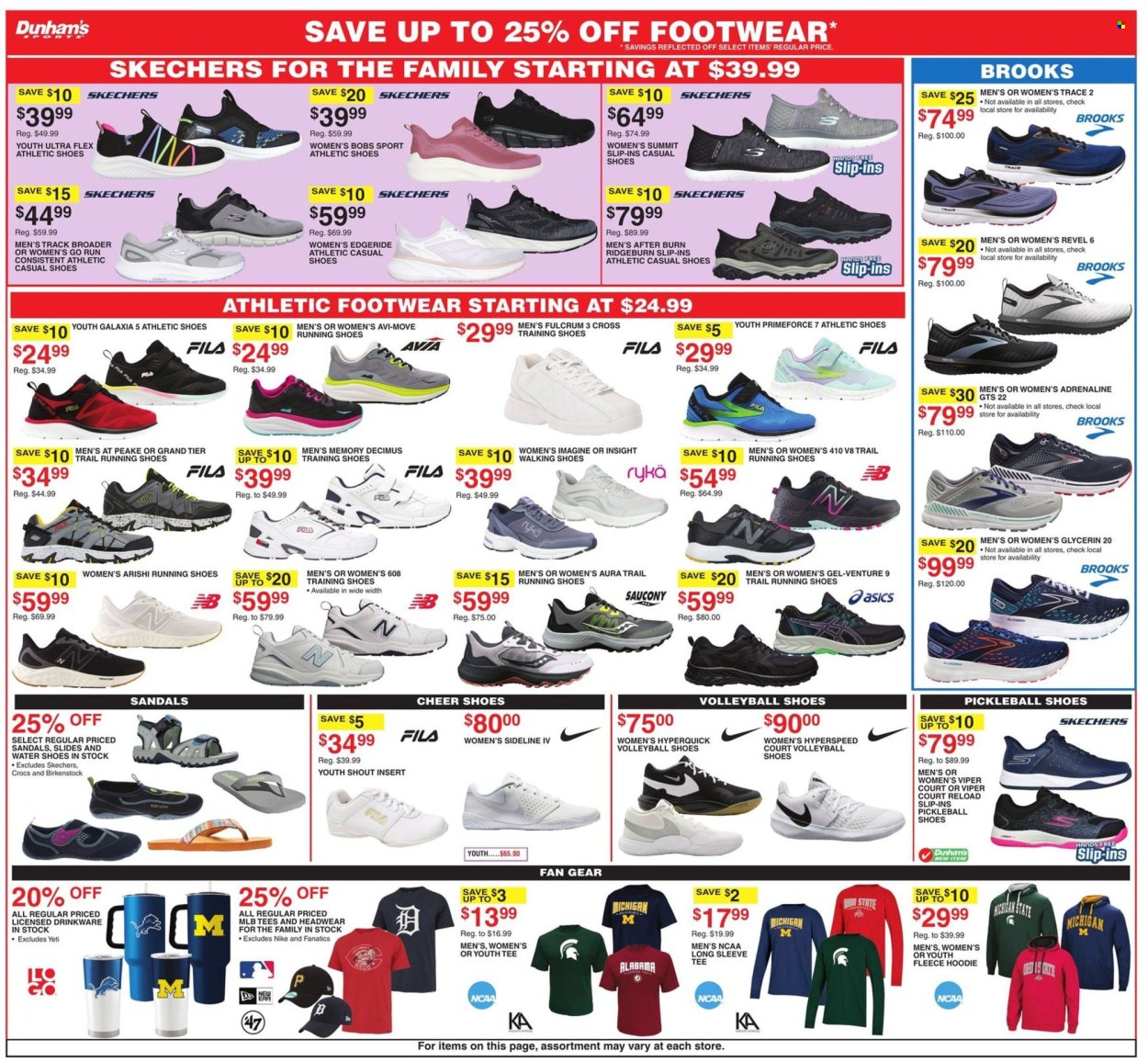 thumbnail - Dunham's Sports Flyer - 07/27/2024 - 08/01/2024 - Sales products - Fila, shoes, athletic shoes, Skechers, viper, sandals, slides, water shoes, Asics, running shoes, training shoes, Brooks, hoodie, fleece sweatshirt, Ryka, walking shoes, Under Armour, New Balance, t-shirt, headwear, long-sleeve tee, Nike, Saucony. Page 5.