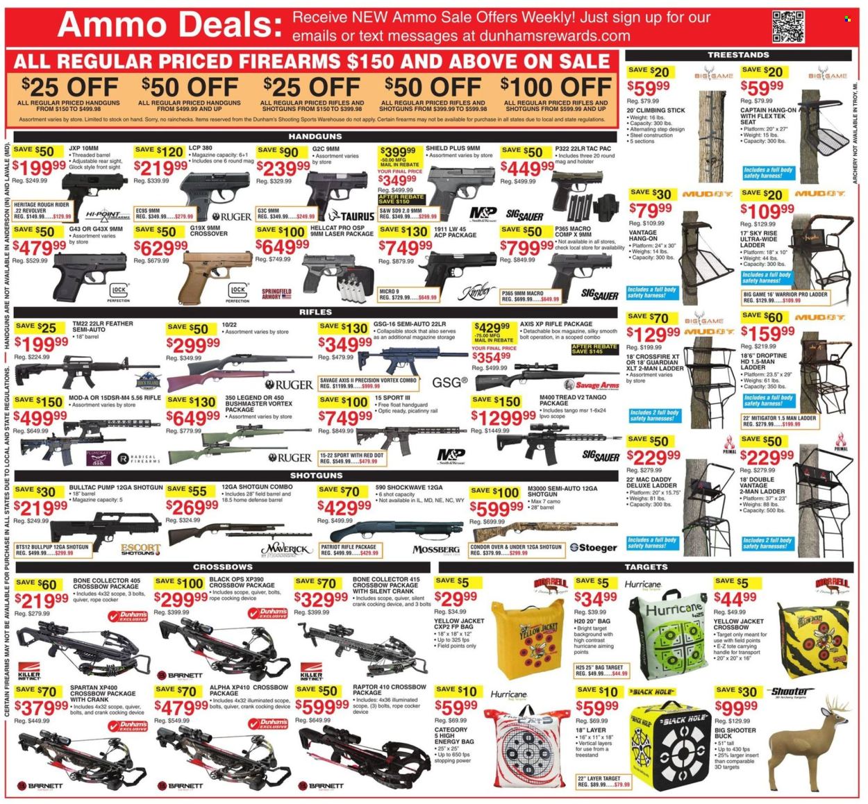 thumbnail - Dunham's Sports Flyer - 07/27/2024 - 08/01/2024 - Sales products - SIG Sauer, handgun, rifle, semi-automatic rifle, jacket, bag, crossbow, shotgun, Smith & Wesson, shooting accessories, layered target, Springfield Armory, gun, Ruger, savage, hunting accessories, climbing stick, Stoeger. Page 9.