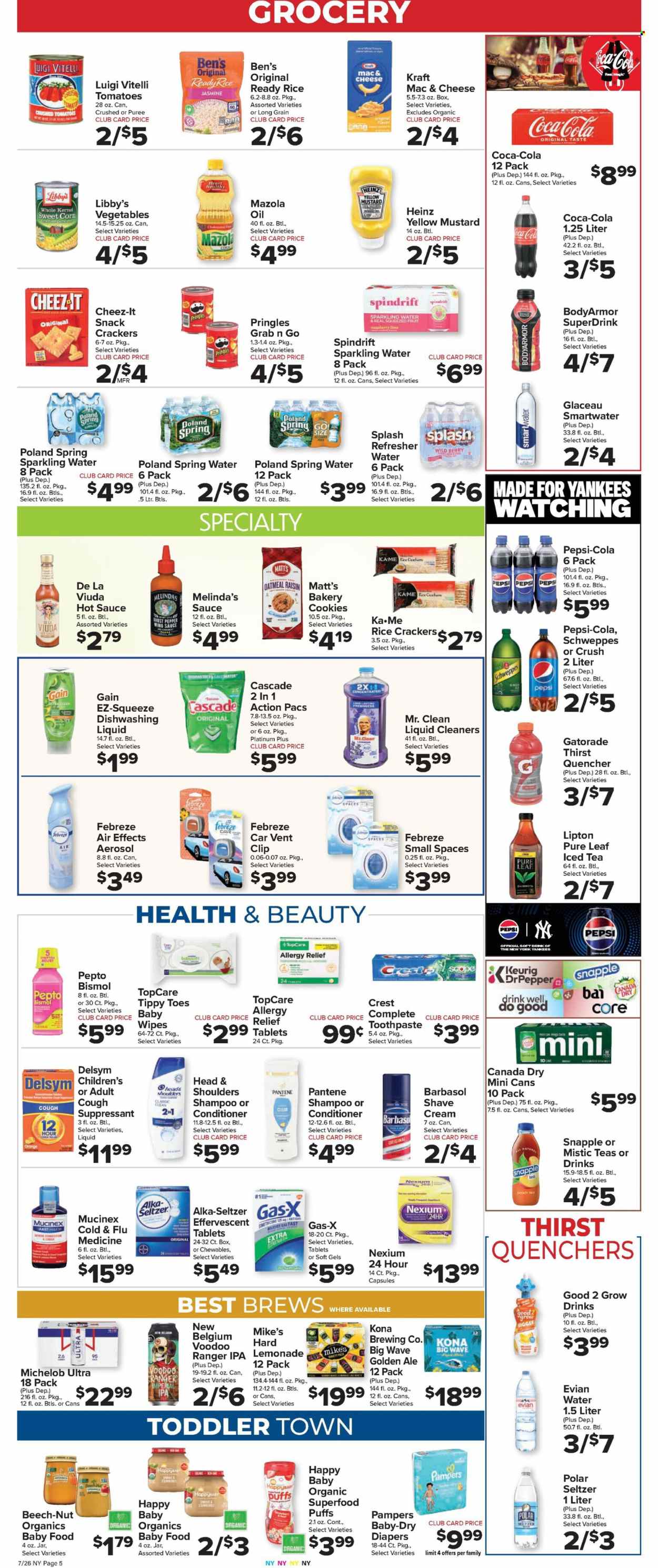thumbnail - Foodtown Flyer - 07/26/2024 - 08/01/2024 - Sales products - puffs, tomatoes, sweet corn, mac and cheese, Kraft®, ready meal, rice sides, cookies, crackers, Pringles, chips, rice crackers, Cheez-It, salty snack, crushed tomatoes, Heinz, canned vegetables, Uncle Ben's, pepper, mustard, hot sauce, sauce, ghost pepper, wing sauce, Canada Dry, Coca-Cola, ginger ale, lemonade, Schweppes, Pepsi, Lipton, ice tea, soft drink, Snapple, Spindrift, Gatorade, electrolyte drink, antioxidant drink, spring water, sparkling water, bottled water, Smartwater, Evian, water, carbonated soft drink, Pure Leaf, Keurig, beer, IPA, organic baby food, wipes, Pampers, nappies, Febreze, Gain, cleaner, Cascade, dishwashing liquid, dishwasher tablets, shampoo, toothpaste, Crest, conditioner, refresher, Head & Shoulders, Pantene, Barbasol, shave cream, air freshener, Delsym, Cold & Flu, Mucinex, Pepto-bismol, Nexium, Alka-seltzer, Go!, allergy relief, medicine, acid blocker, allergy control, antinauseant product, Michelob. Page 7.