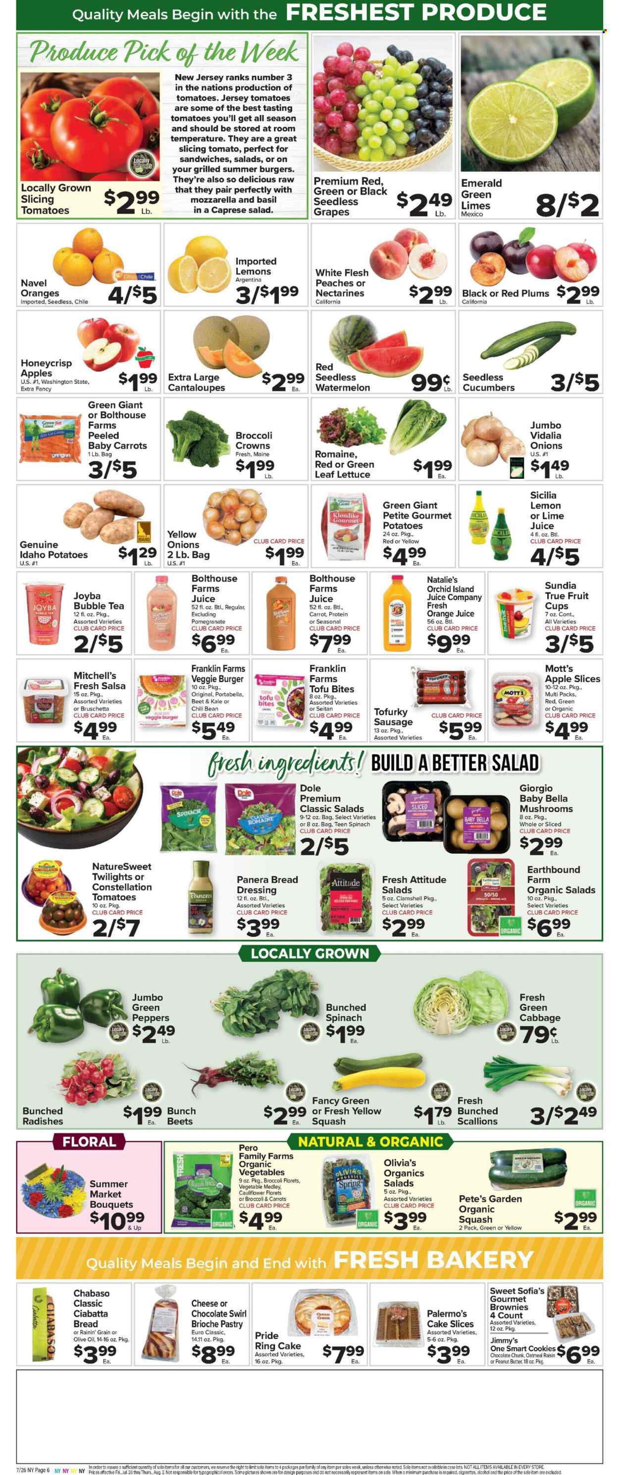 thumbnail - Foodtown Flyer - 07/26/2024 - 08/01/2024 - Sales products - portobello mushrooms, baby bella mushrooms, ciabatta, cake, brioche, brownies, chocolate swirl, cantaloupe, carrots, cauliflower, salad greens, tomatoes, zucchini, potatoes, salad, Dole, yellow squash, green pepper, grapes, limes, nectarines, seedless grapes, watermelon, plums, red plums, fruit cup, melons, peaches, Mott's, sandwich, veggie burger, plant based ready meal, plant based product, chorizo, cheese, tofu, cookies, fruit slices, basil, dressing, salsa, olive oil, oil, orange juice, lime juice, tea, bubble tea, alcohol, bouquet, houseplant, orchid, navel oranges. Page 8.
