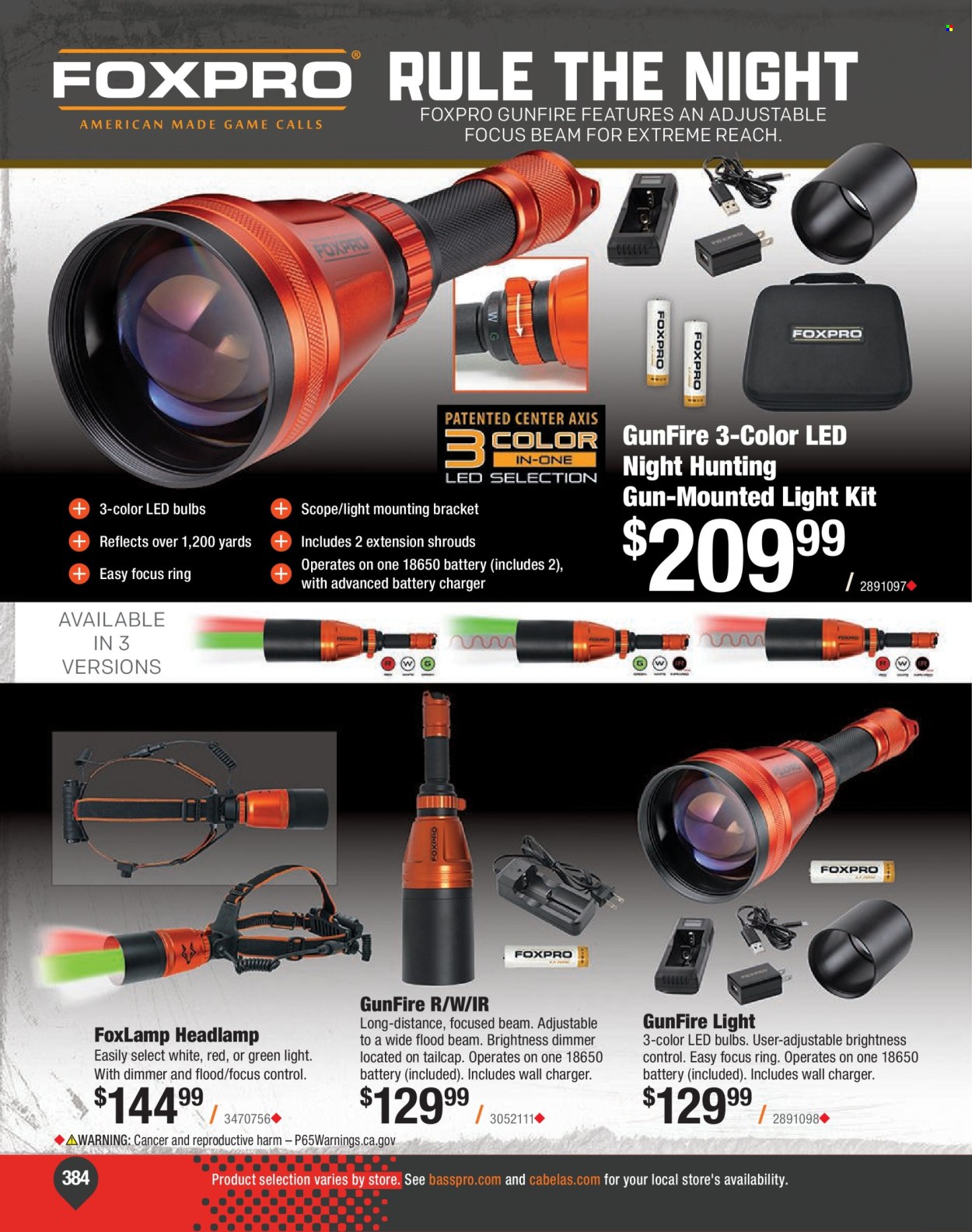 thumbnail - Cabela's Flyer - Sales products - battery charger, bulb, LED bulb, wall charger, gun, scope. Page 384.