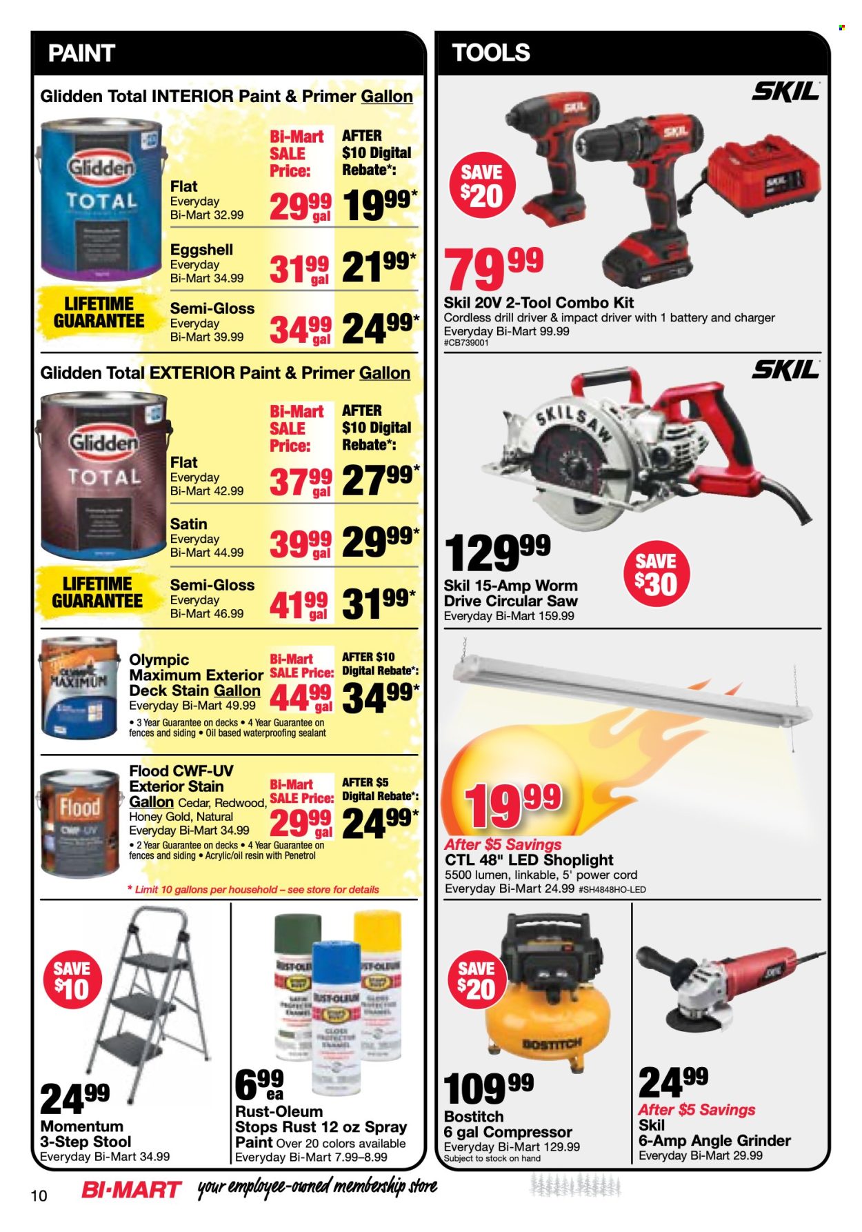 thumbnail - Bi-Mart Flyer - 07/30/2024 - 08/12/2024 - Sales products - stool, oil, honey, compressor, step stool, spray paint, paint, siding, drill, impact driver, circular saw, saw, angle grinder, combo kit, air compressor. Page 10.