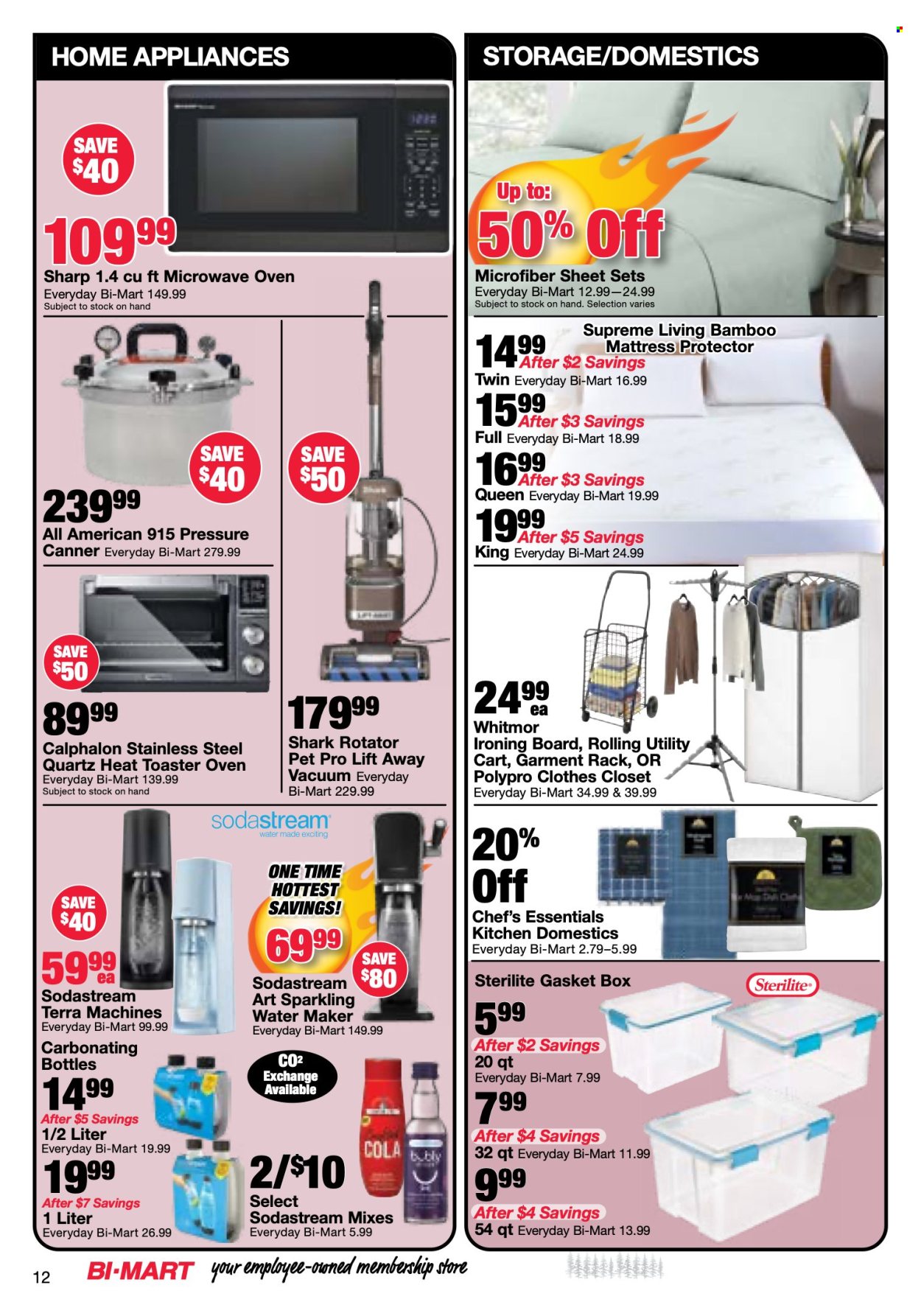 thumbnail - Bi-Mart Flyer - 07/30/2024 - 08/12/2024 - Sales products - mattress protector, closet system, garment rack, sparkling water maker, ironing board, SodaStream, Sharp, bedding, cart, houseplant. Page 12.