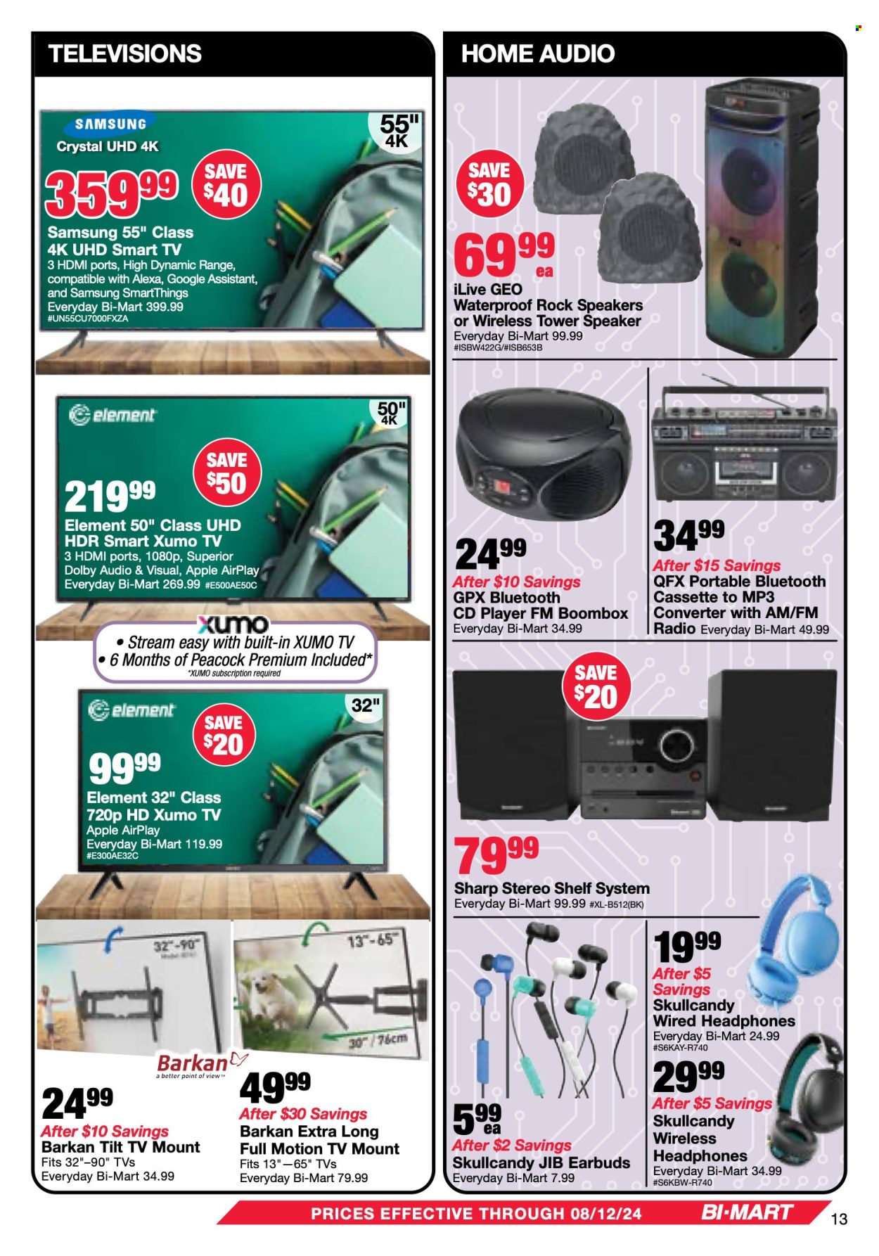 thumbnail - Bi-Mart Flyer - 07/30/2024 - 08/12/2024 - Sales products - shelves, Apple, Sharp, 4K UHD TV, smart tv, UHD TV, TV, radio, cd player, speaker, Skullcandy, wireless headphones, headphones, earbuds, toys. Page 13.