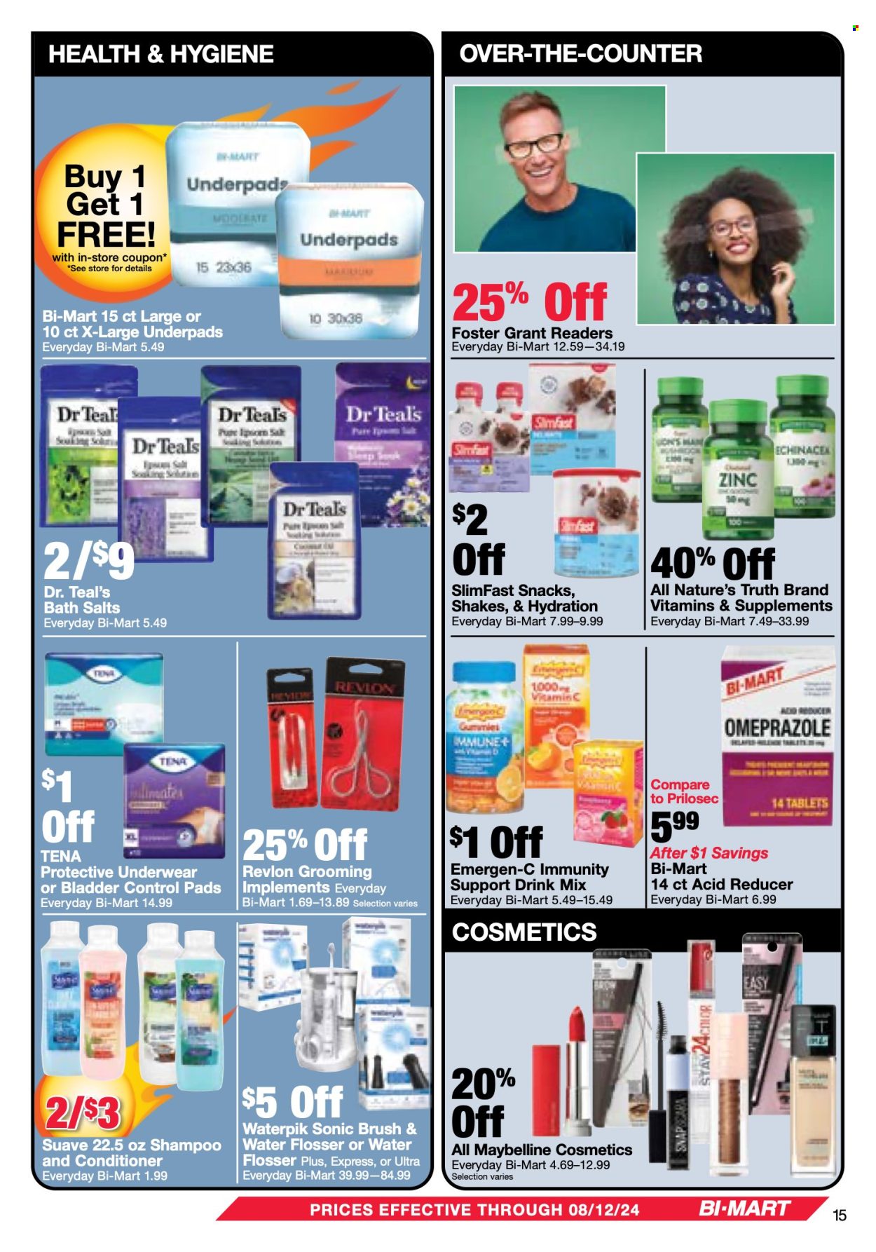 thumbnail - Bi-Mart Flyer - 07/30/2024 - 08/12/2024 - Sales products - snack, Slimfast, pâté, shake, salt, Sol, bath product, pads, bath salt, shampoo, Suave, waterflosser, conditioner, Revlon, Maybelline, decorative cosmetic, Nature's Truth, zinc, Emergen-C, dietary supplement, vitamins, incontinence care. Page 15.