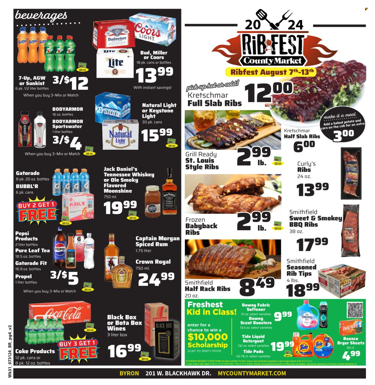 thumbnail - County Market Flyer - 07/31/2024 - 08/13/2024 - Sales products - Jack Daniel's, ready meal, Coca-Cola, Pepsi, ice tea, soft drink, 7UP, A&W, Gatorade, Coke, electrolyte drink, flavored water, water, carbonated soft drink, Pure Leaf, wine, alcohol, Captain Morgan, rum, spiced rum, Tennessee Whiskey, whiskey, beer, Budweiser, Miller, Keystone, Coors. Page 5.