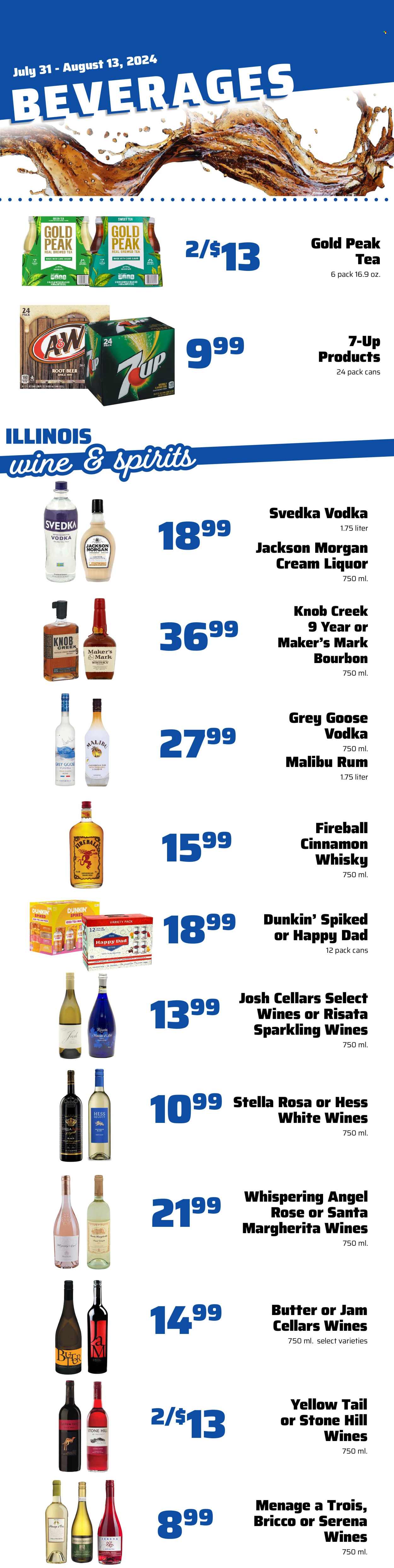 thumbnail - County Market Flyer - 07/31/2024 - 08/13/2024 - Sales products - watermelon, lemons, butter, cane sugar, sugar, ice tea, soft drink, 7UP, Gold Peak Tea, antioxidant drink, seltzer water, carbonated soft drink, green tea, red wine, sparkling wine, white wine, wine, Pinot Noir, alcohol, Moscato, Pinot Grigio, Sauvignon Blanc, rosé wine, bourbon, liqueur, rum, vodka, whiskey, liquor, Malibu, cinnamon whisky, whisky, beer. Page 6.