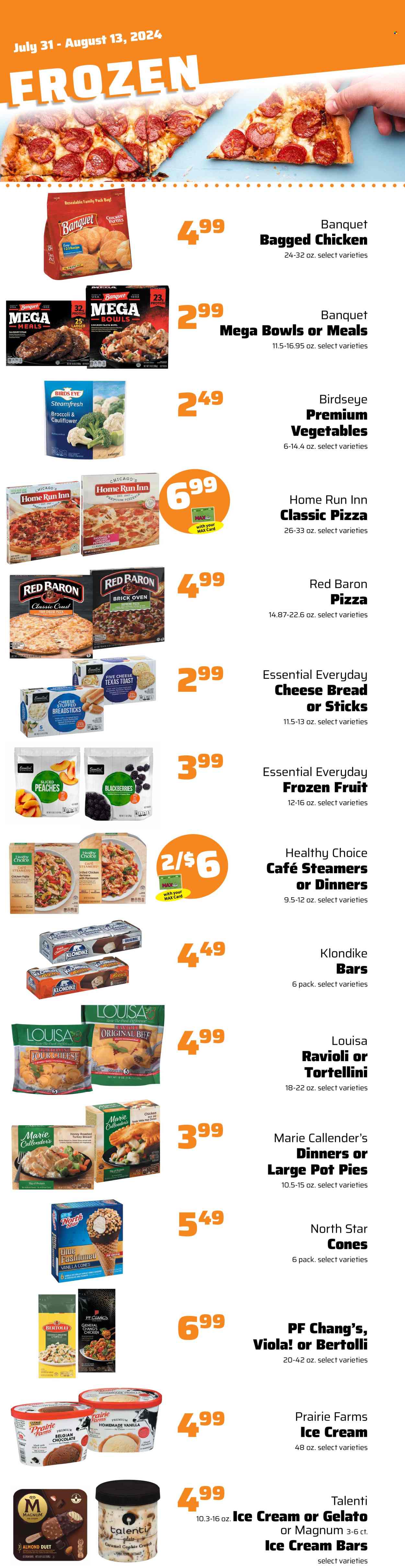 thumbnail - County Market Flyer - 07/31/2024 - 08/13/2024 - Sales products - bread, pot pie, corn, onion, blackberries, peaches, mashed potatoes, ravioli, pizza, pasta, tortellini, Bird's Eye, fajita, Healthy Choice, Marie Callender's, Bertolli, ready meal, chicken breasts, turkey ham, crushed garlic, ricotta, cheddar, Provolone, buttermilk, almond butter, ice cream, ice cream bars, Reese's, Talenti Gelato, gelato, frozen fruit, chicken patties, Red Baron, bread sticks, cane sugar, sugar, black beans, spice, honey, peanuts, steak. Page 9.